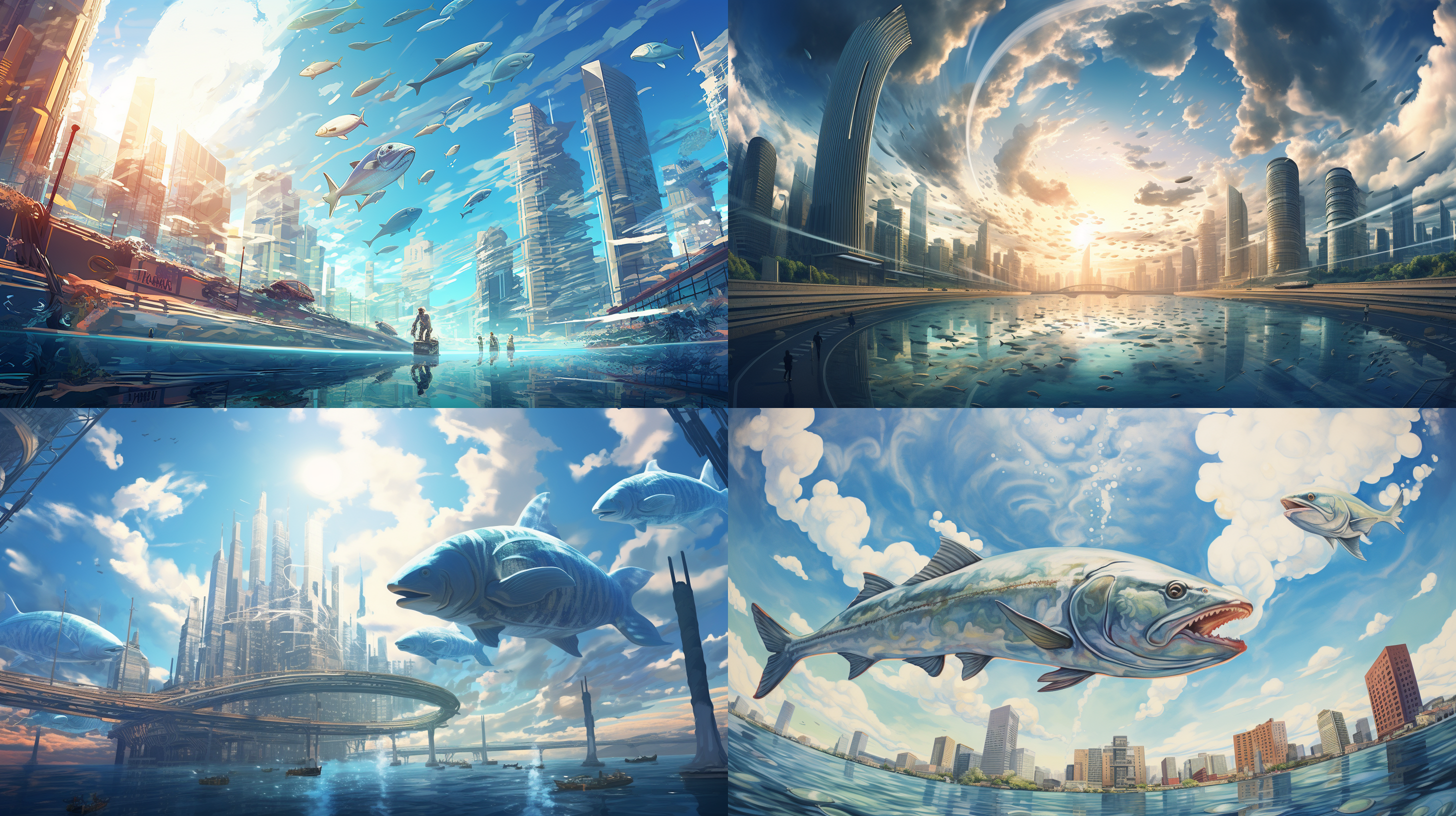 天空悬浮着海浪，游着三条巨大的鱼，城市景观，现代建筑，夸张尺度，强对比度，蓝色调，鱼眼镜头，阳光穿过云层，梦幻般，震撼。