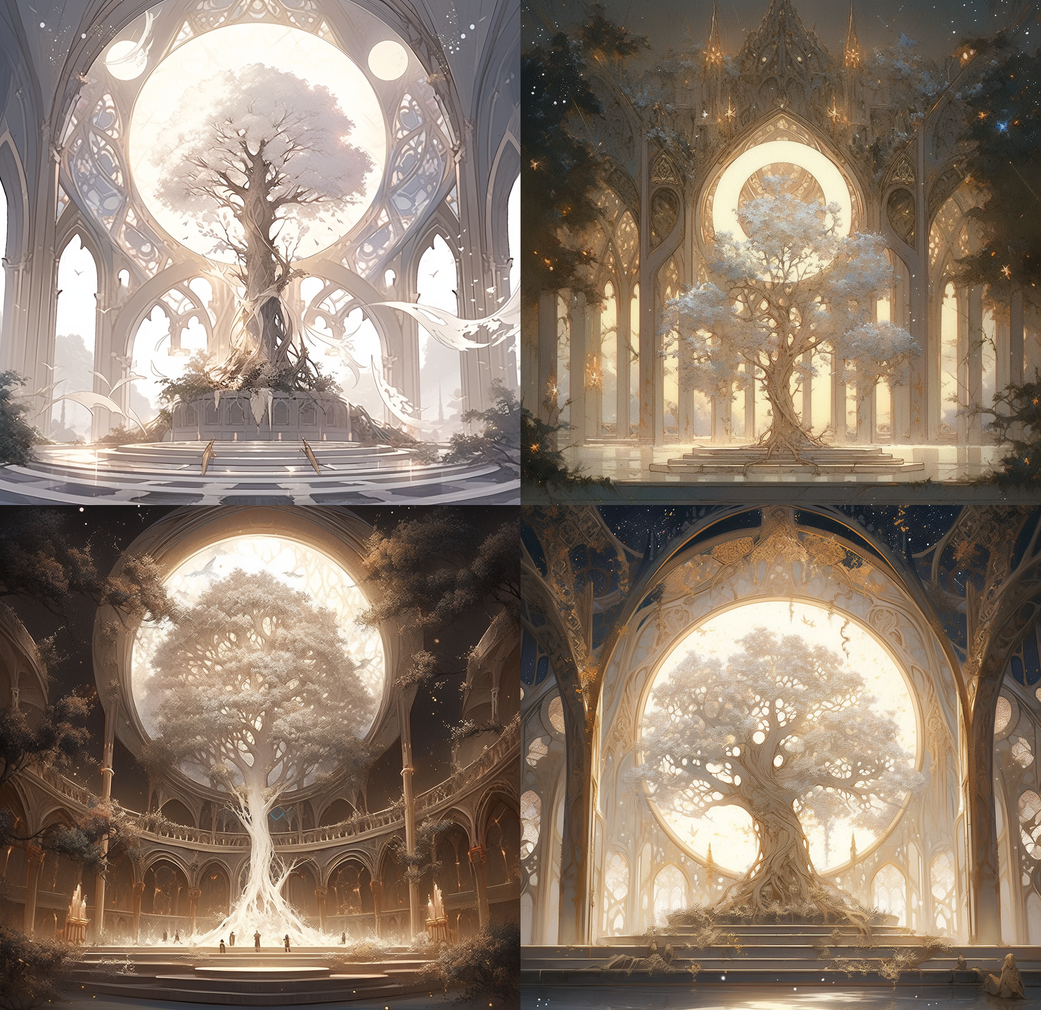 moon, sun, stars，a white tree of life with roots that flow into the center, surrounded by an ornate archway and podium in light beige tones. the background is an ancient temple with a large circular window. in front there is another small platform for people to stand on. this scene conveys a sense of sacredness and mystery, with soft lighting creating a serene atmosphere in the style of an ancient chinese artist.