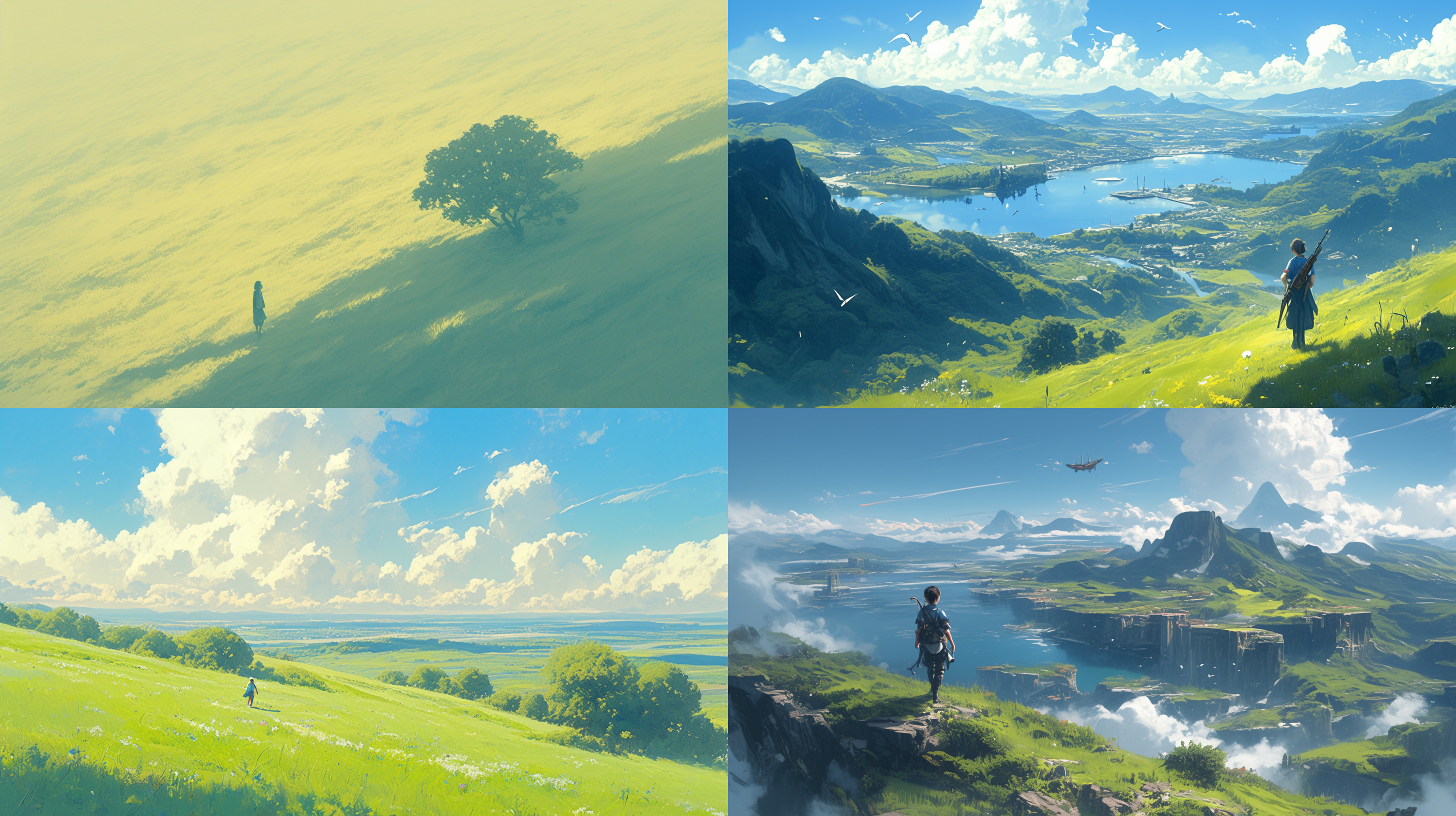 人在山坡上行走，周围尽是翠绿的草地，天空中漂浮着一艘孤独的船。照片采用8k分辨率，构图采用对角线布局，广角镜头捕捉广阔的景象。光线柔和，给人一种宁静的感觉。人物身着轻便装束，面带微笑，表情自在愉悦。画面色彩丰富饱满，呈现出宁静、自由与探险的情感。 莫奈