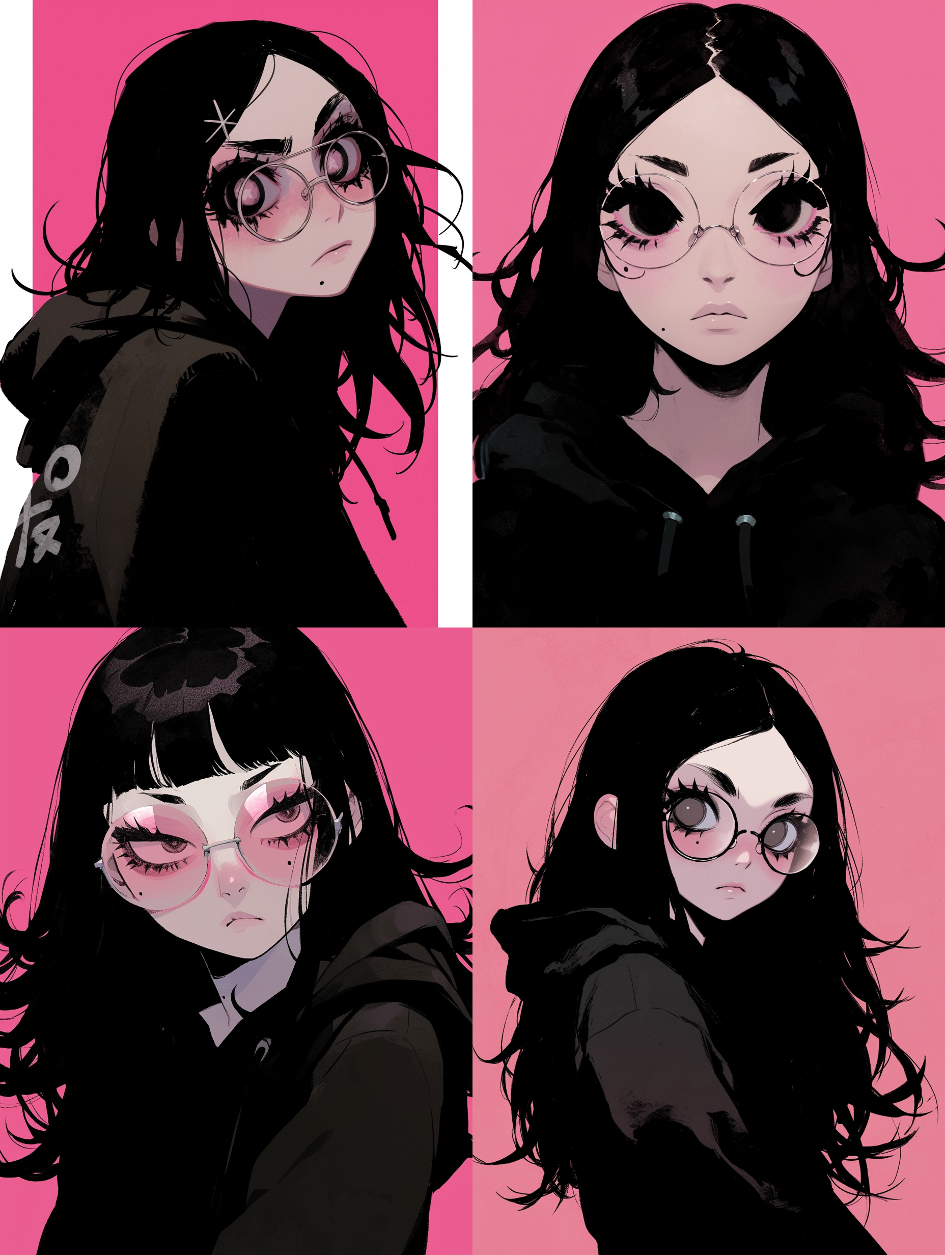 黑色中长发，直发，带金属框眼镜，右脸颊中间有个痣，黑色瞳孔，大眼睛，卷翘的睫毛，穿着卫衣，动漫，dc动漫风格，少女动漫风格，绿色背景