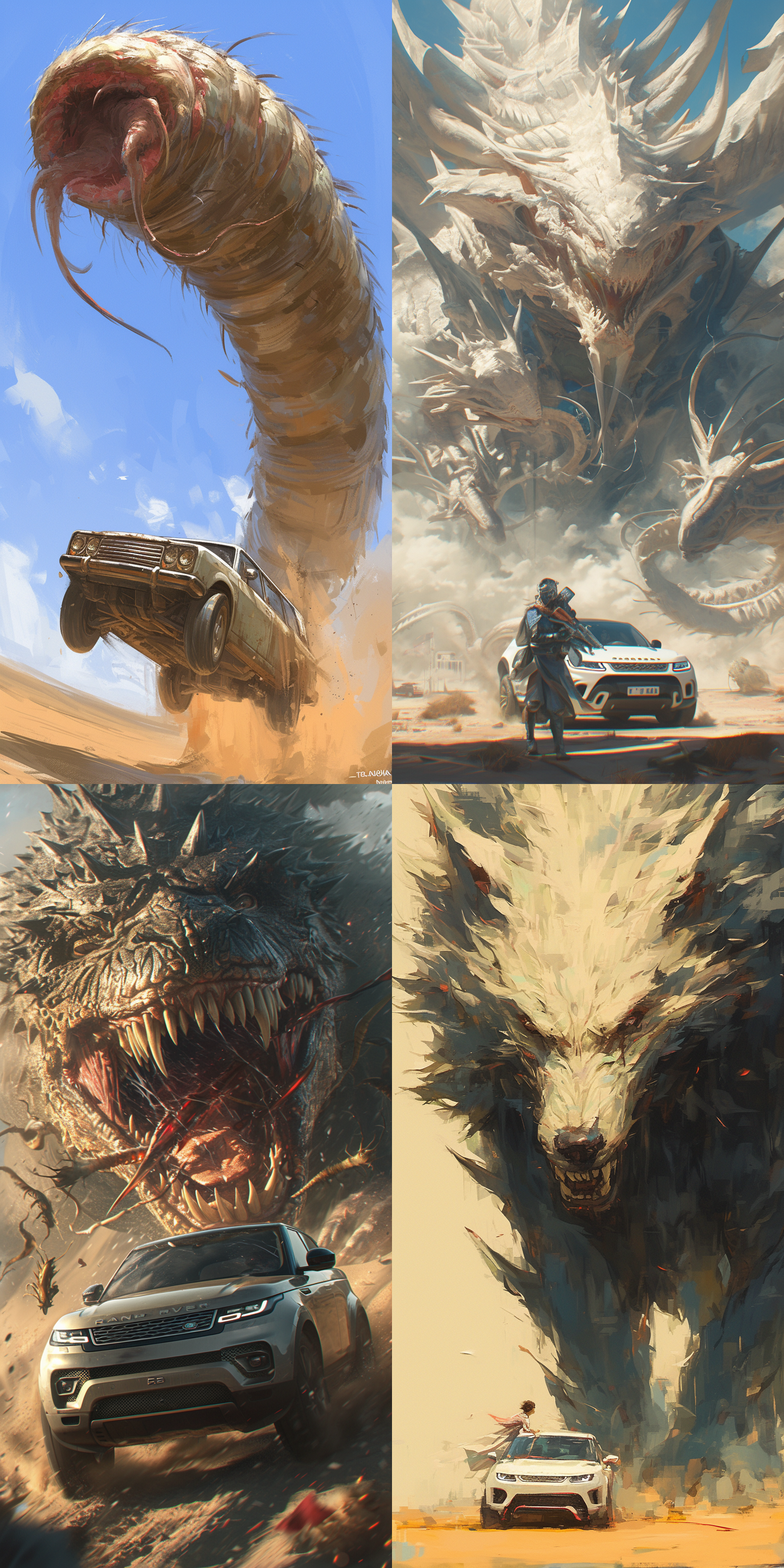 a white range rover sports car driving in the darkdesert, giant screwworms hovering in the black desert sandstorm in dune movie, giant sandwormswant to eat the car, realistic photography, movieconcept poster, epic fantasy scene