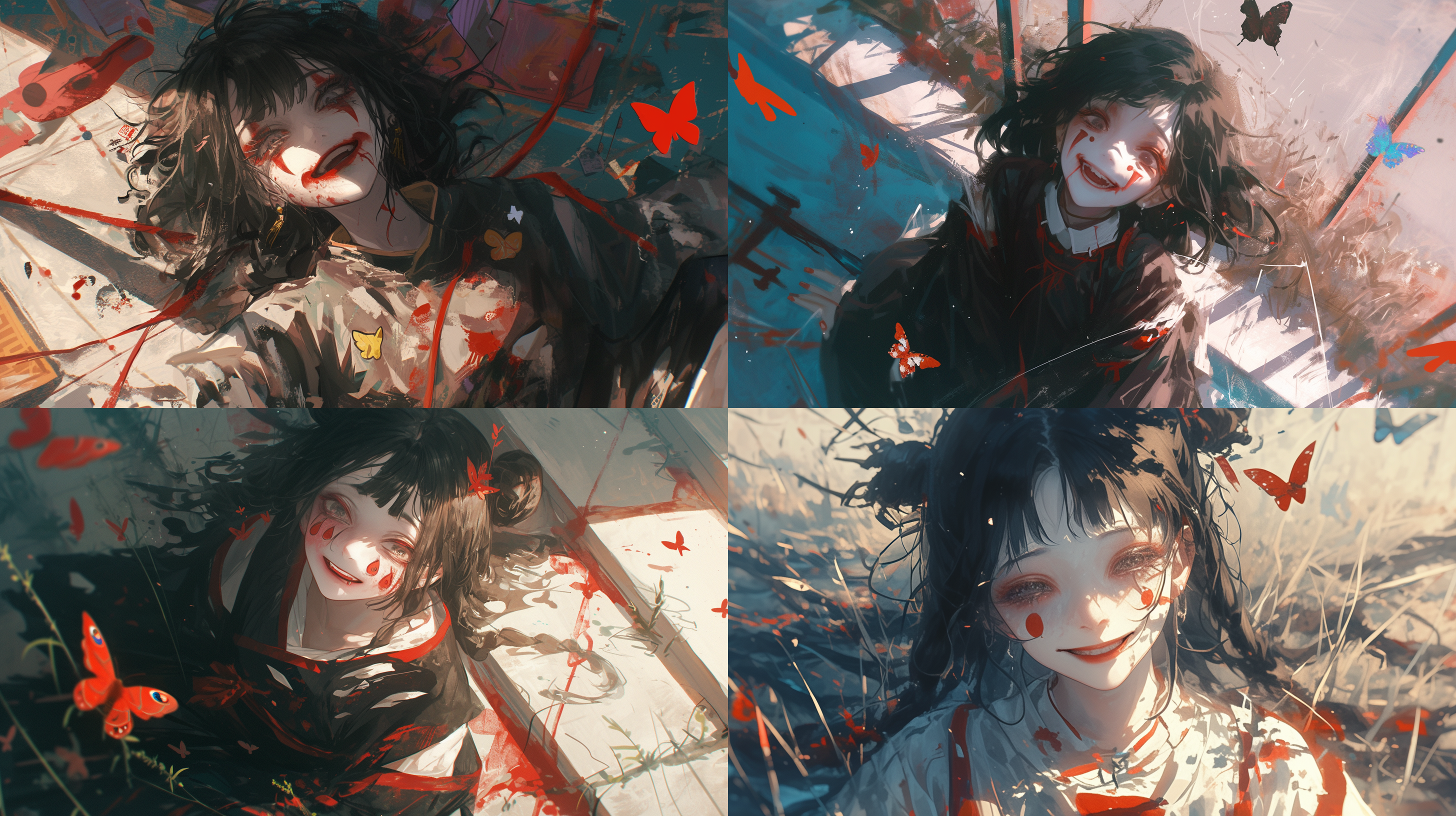 中国女生手绘，头发黑色，发丝凌乱，大笑，衣服破烂。小丑妆容。周围有杂草，蝴蝶，音符。台阶。低角度仰拍。潦草自由流量风，水彩插画，纯色背景，16k高清。