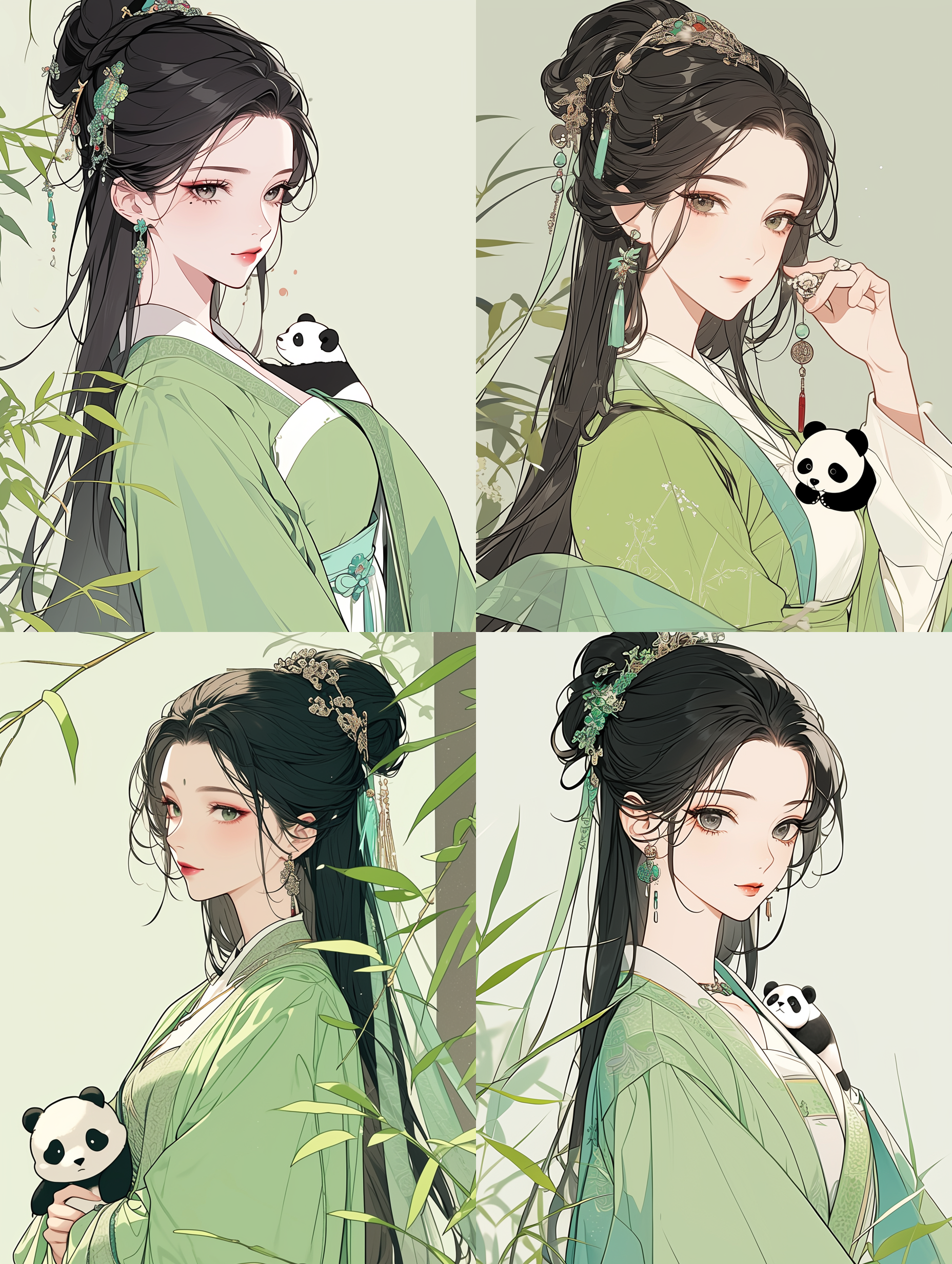 一幅工笔画，画的是一位黑色长发中国女孩，穿着绿色汉服，抱着熊猫，纠结的珠宝，圆脸，极简主义肖像，几何形状，哑光浅绿色背景，采用清晰的新流行插图风格，动画 gif， dolly kei，卡通人物，特写，头部视图，粗体，卡通石版画，看镜头