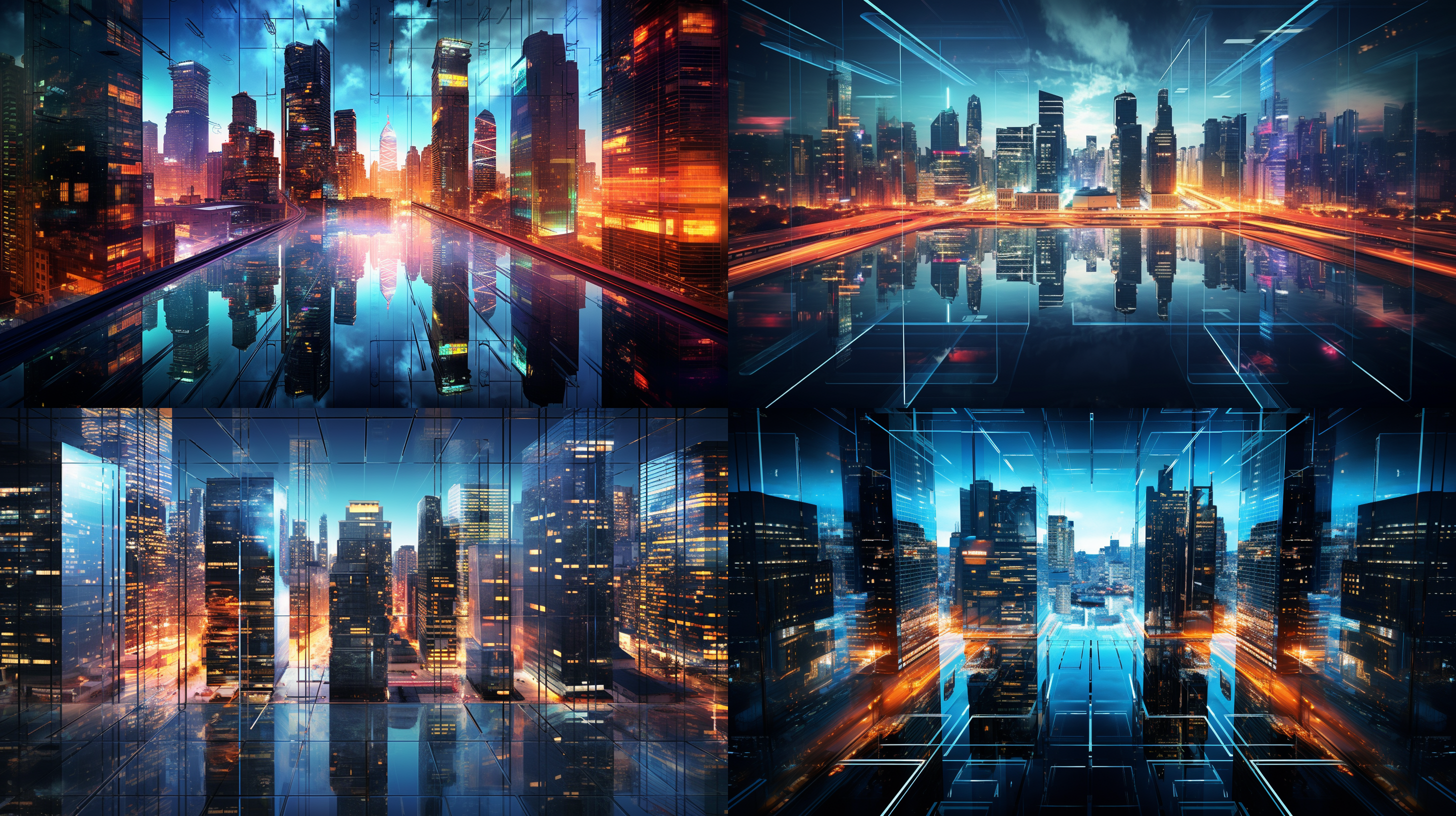 鸟瞰视角，高清晰度，水面，城市，商业，塔楼，玻璃幕墙，现代建筑，对称构图，反射，明亮色彩，高层楼宇，繁忙都市，现代风格，霓虹灯光，繁华。