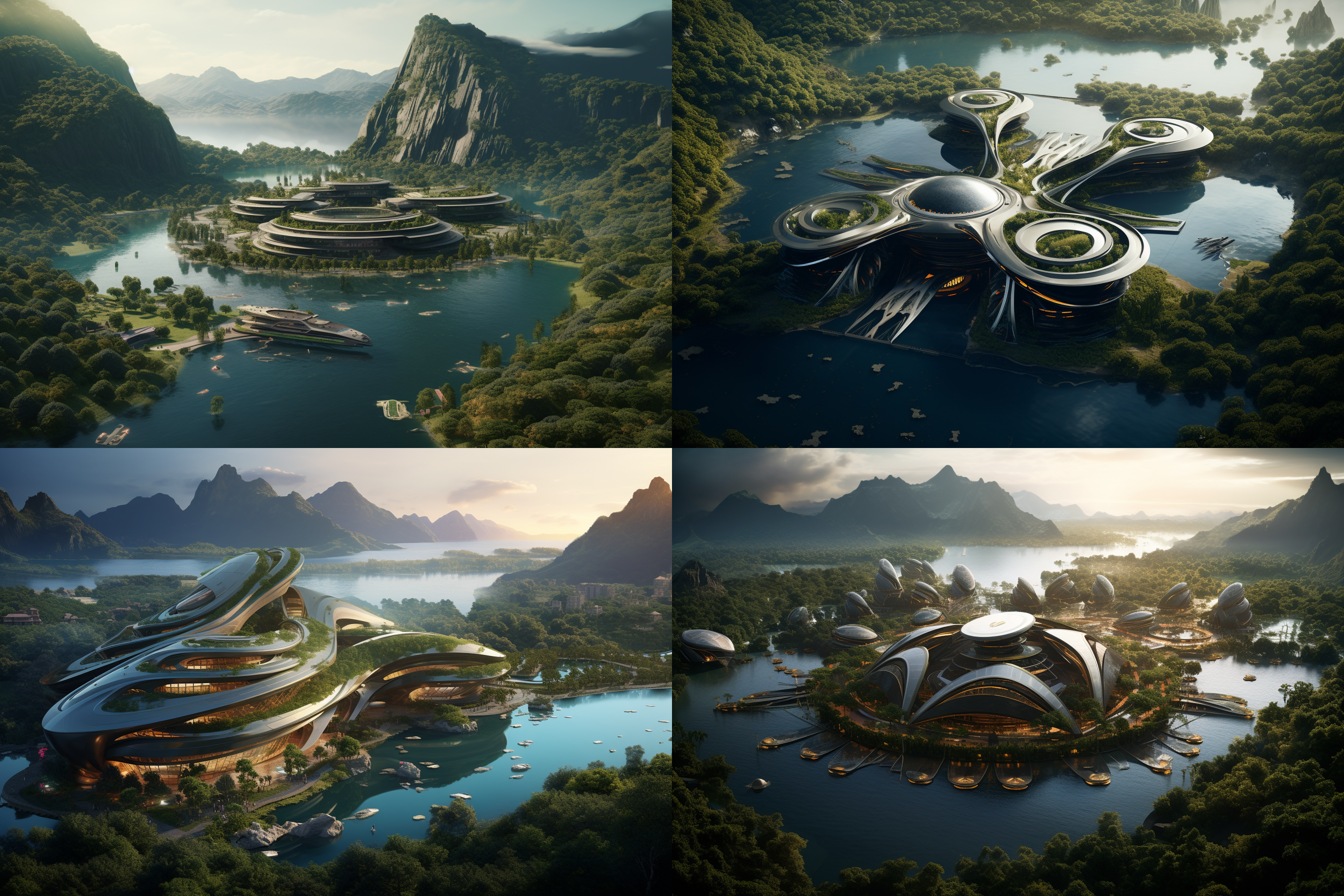 鸟瞰图，高清晰度，水面，杰作，最佳品质，惊人细节，享受未来，赛博朋克2077，广角，8k，局部模糊，湖泊，山谷，小河，高山，风化花岗岩，山坡，湖畔，椭圆形建筑（流线型，荷花造型设计，透明外观，金属框架，玻璃外墙，鱼鳞装饰，巨大），被森林环绕，装饰有灯光，下雨，1个女孩，梦幻建筑，城市，商业，塔楼，玻璃幕墙，现代建筑。 未来都市 工业城市 新未来主义 明亮的 水晶蓝 消失点构图 全景