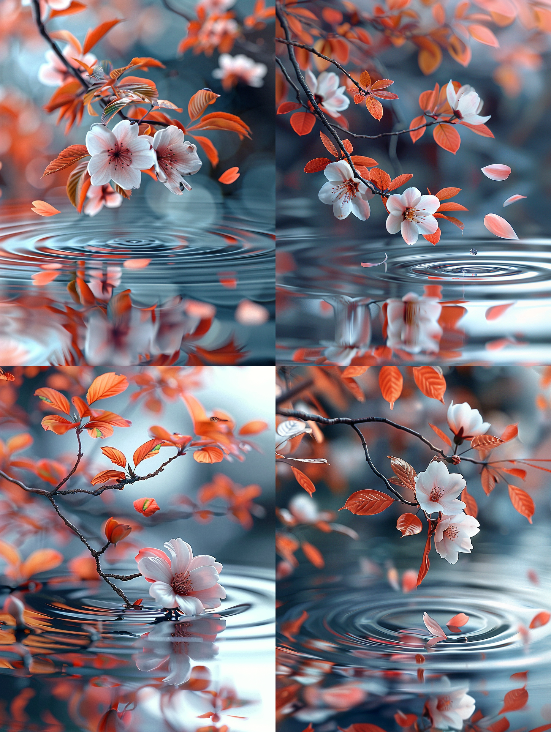 光线追踪反射，樱花树背景，细致树叶，浅水中花瓣，彩色树叶，高清拍摄，自然光，花瓣飘落，绚丽色彩，优雅情感。