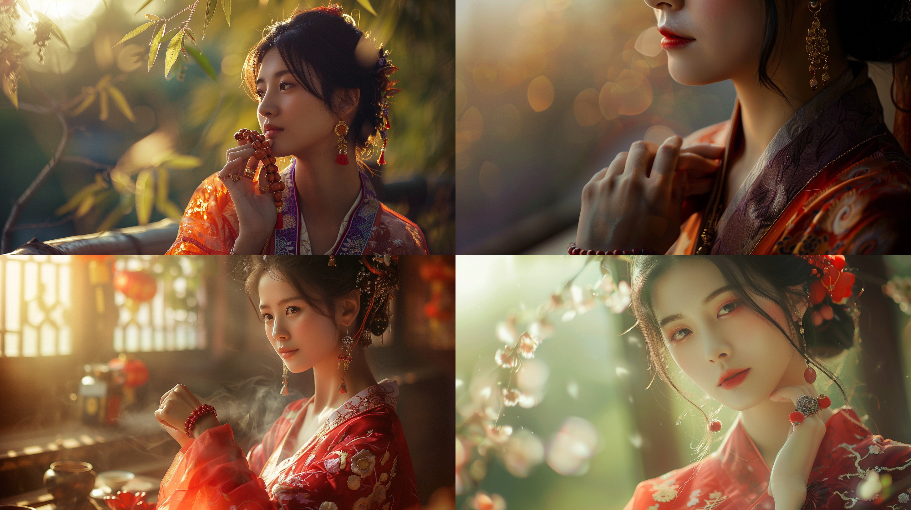 红色朱砂手串，东方女性仙气飘飘地站在远景中。她是一位绝世佳人，身着华丽的传统服饰，面带微笑。画面风格唯美，柔和的光线营造出温暖而神秘的氛围。广角镜头捕捉到她全身的美丽，强调了她的高贵和优雅。东方元素和淡雅色彩增添了画面的艺术感和神秘感。