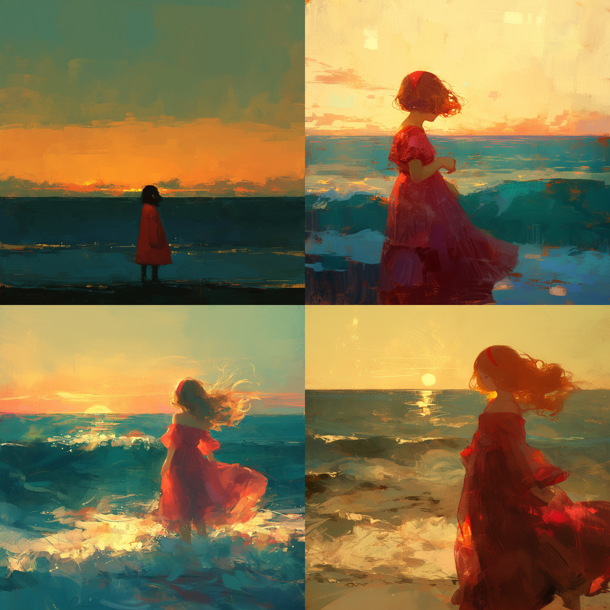 女人背影，红色连衣裙，红色发箍，绿色夕阳，蓝色眼泪，油画质感，小女孩，夕阳，海洋，傍晚，落日，温暖，梦幻，亲子，浪漫。