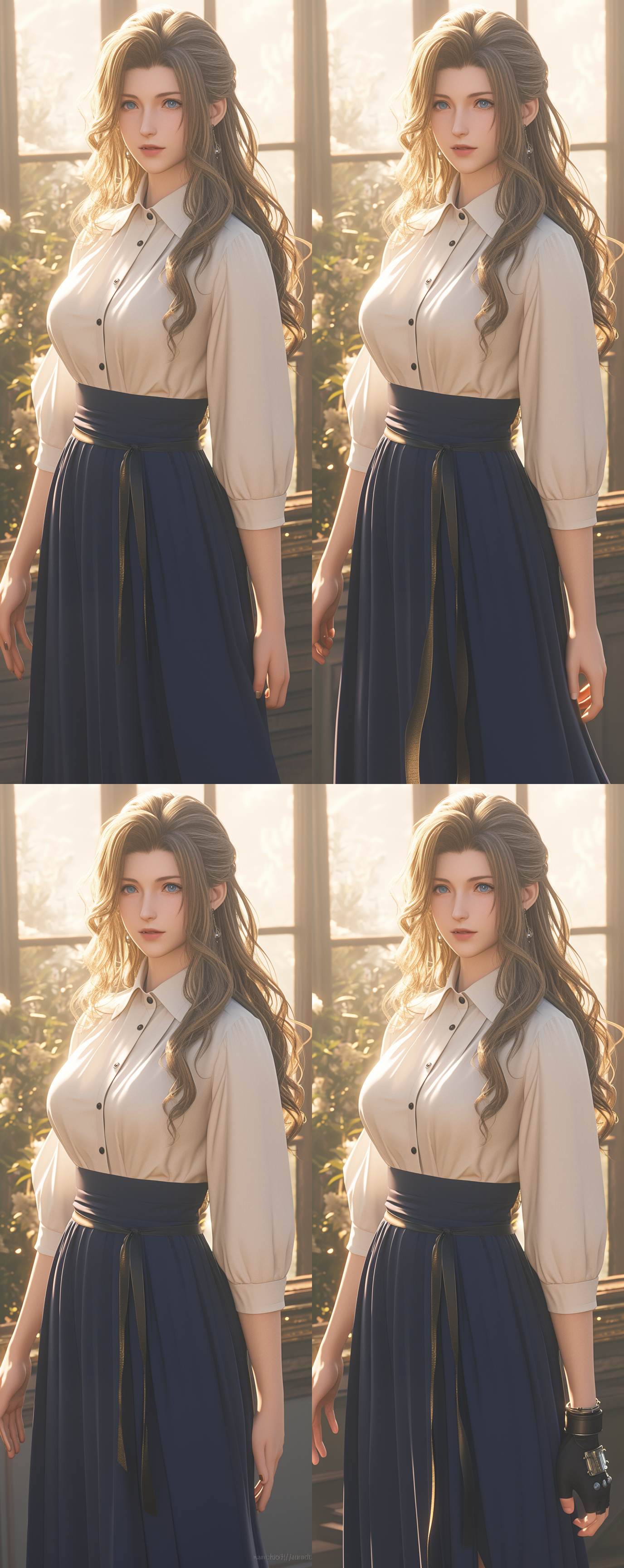 女青年，蓝色眼睛，金发，白色衬衣，领口丝带，黑色束腰，藏蓝色长裙，站立、全身，4k， 最终幻想 虚幻引擎 三维