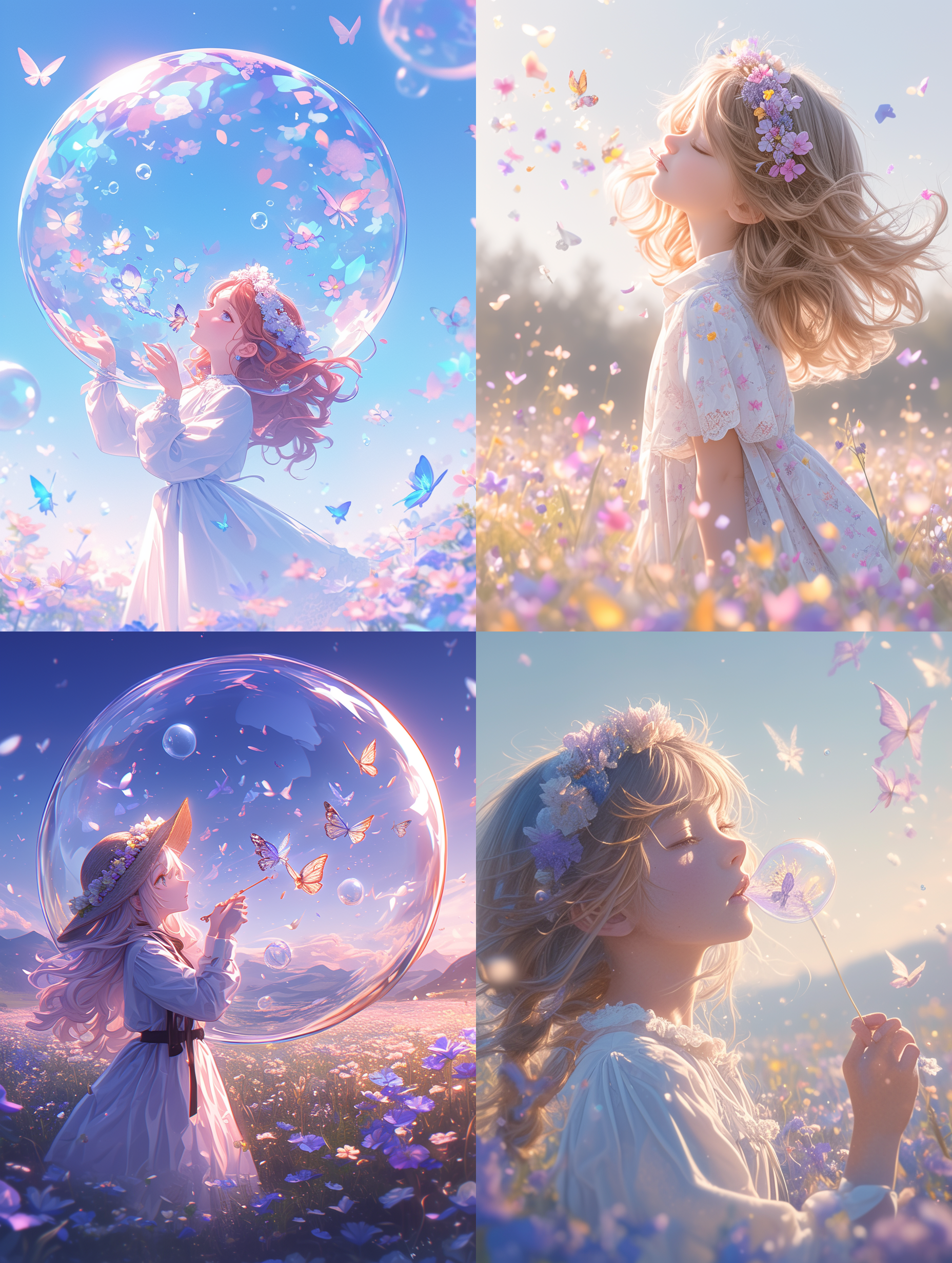 少女站在花海中，她戴着花冠，身穿白色连衣裙，手中吹着一个巨大的泡泡。周围飞舞着五彩斑斓的蝴蝶，营造出梦幻般的氛围。照片以少女为中心，呈现出清新、梦幻的紫色系色调。使用长焦镜头，背景模糊，突出主体形象。光线柔和，给人一种温暖、舒适的感觉。