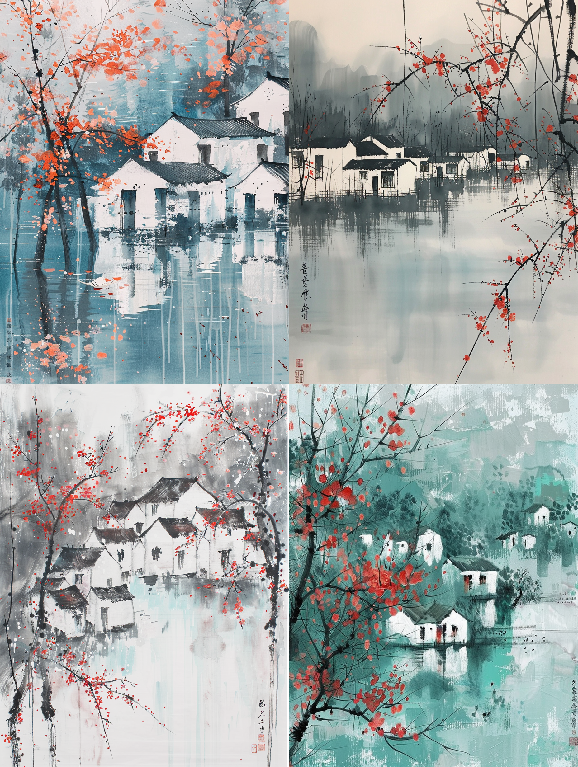 lnk painting，chinese ink painting in the style of wu guanzhong, small white houses in the lake surrounded by trees with red flowers on their branches, simple background, turquoise blue and light gray color scheme, abstract brushstrokes, watercolor effect, splashing ink dots, blurred edges, low saturation colors, soft lighting, and gentle emotions.