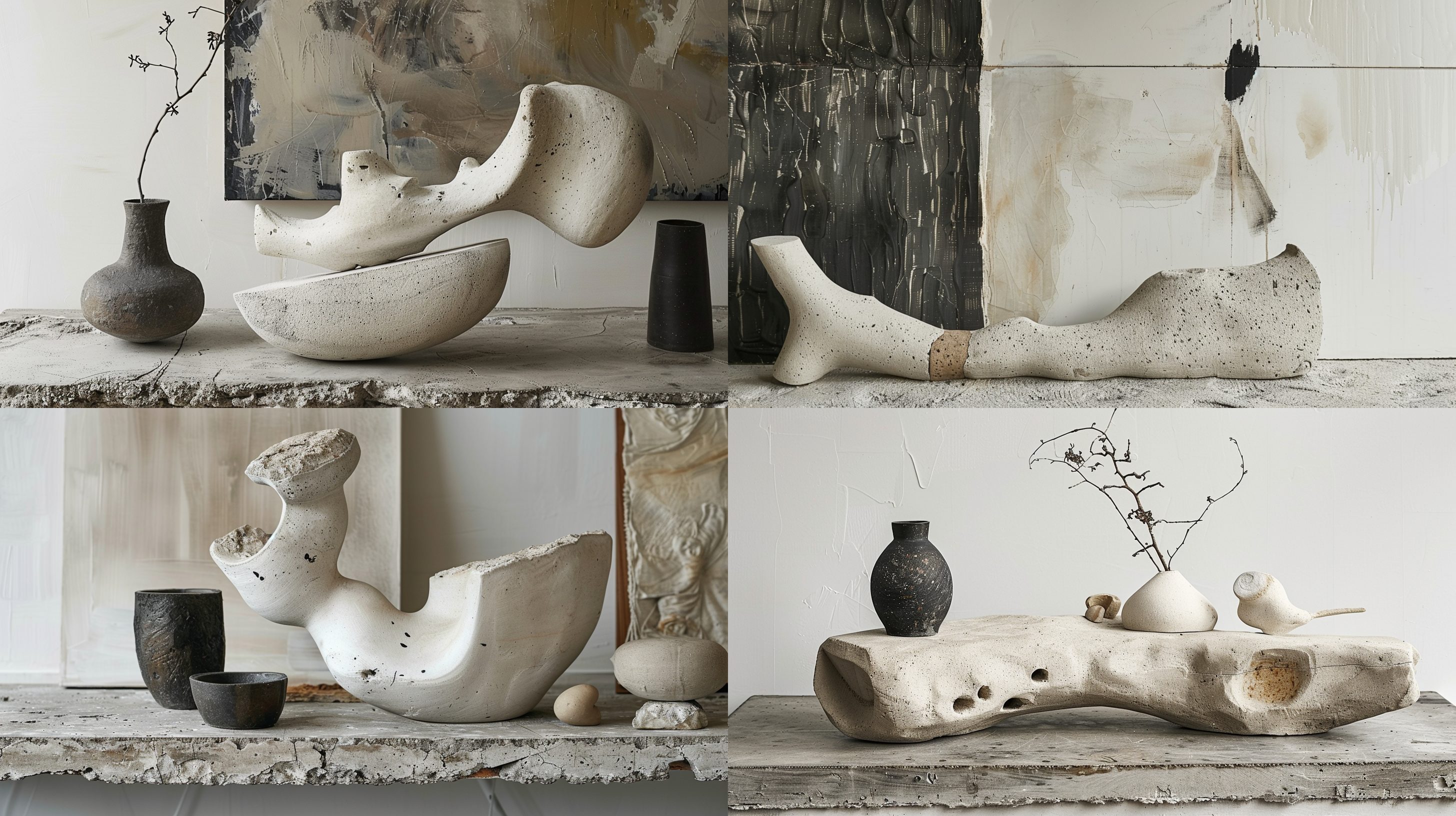 wabisabi，当代雕塑风格，简约，现代风格，当代艺术，枯山水，质朴，外表粗糙不规则，抽象艺术， 抽象表现主义 三维 黑白 禅宗 国墨