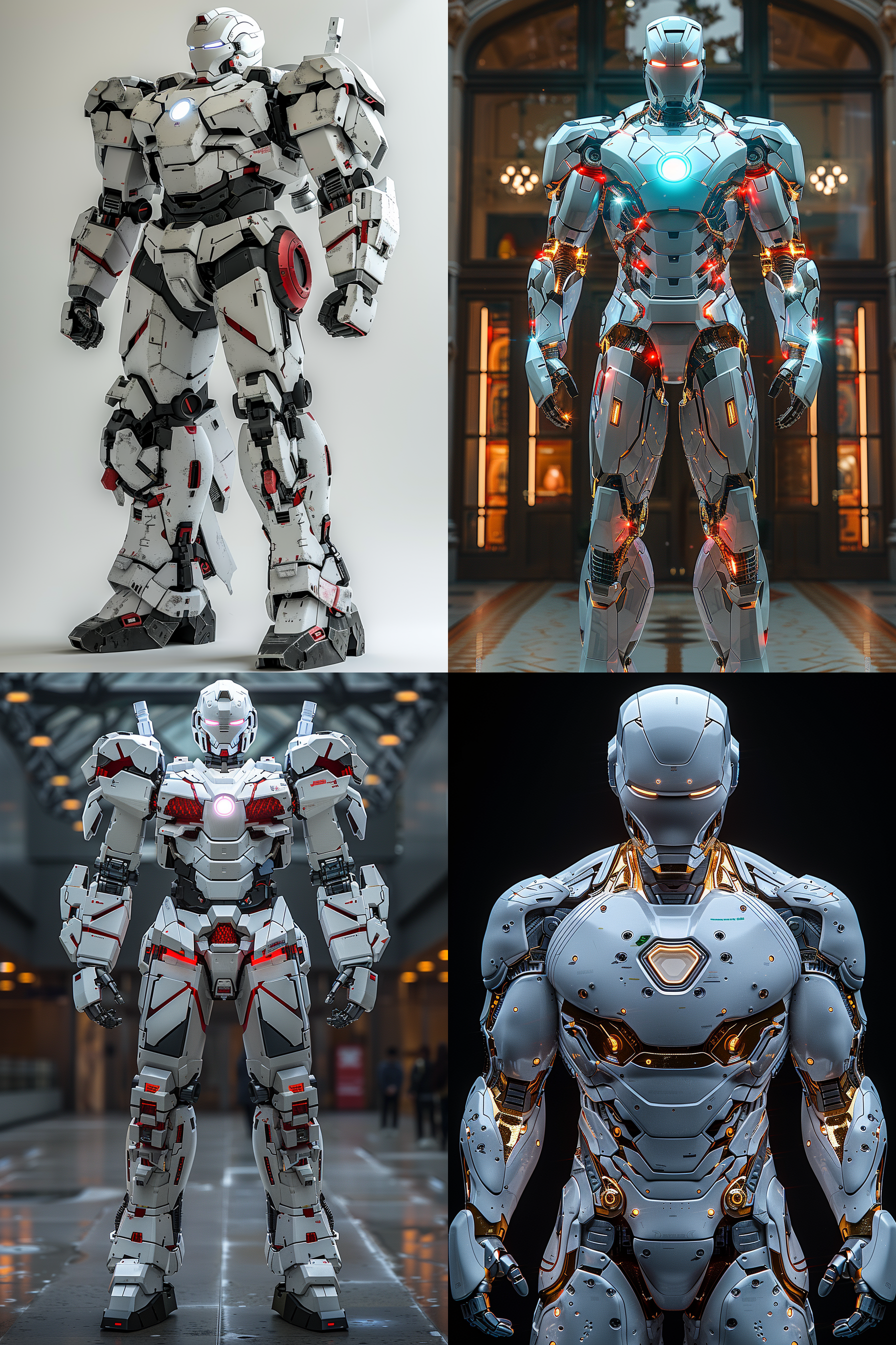 钢铁侠采用高达颜色和材质，白色高达质感,摄影,机器人图案,金属质感,写实,精心设计,ue5,影棚灯光,人像摄影，身体正面看向摄像机,35mm、f5.6、16k