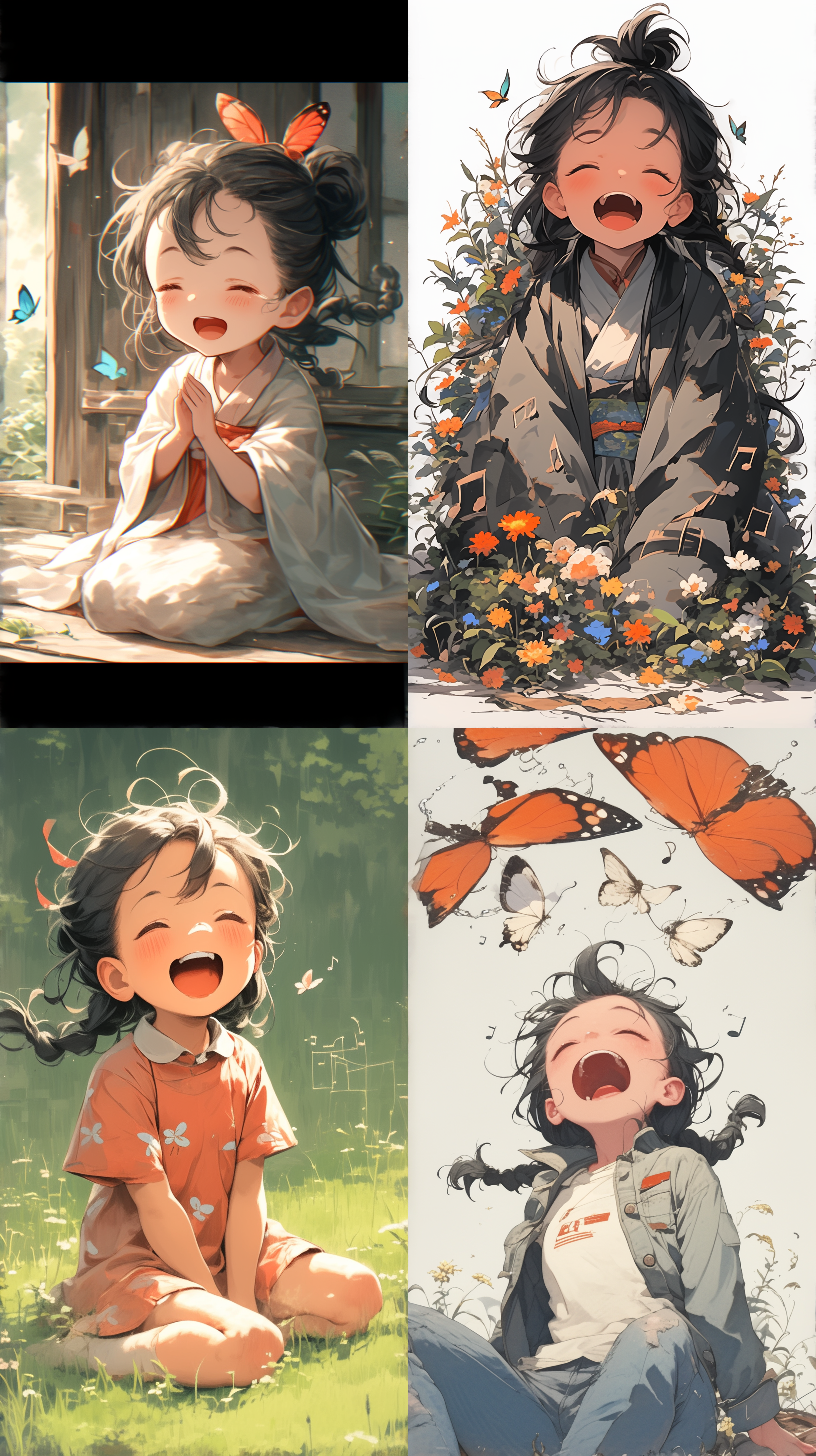 手绘中国女生，黑色凌乱发丝，坐姿大笑，衣服破烂。周围有杂草、蝴蝶、音符。低角度仰拍，潦草自由流量风，水彩插画，纯色背景，16k高清，佳能s450，尼康5号镜头。自然光，明亮色调，快门速度适中，放松愉悦情绪。