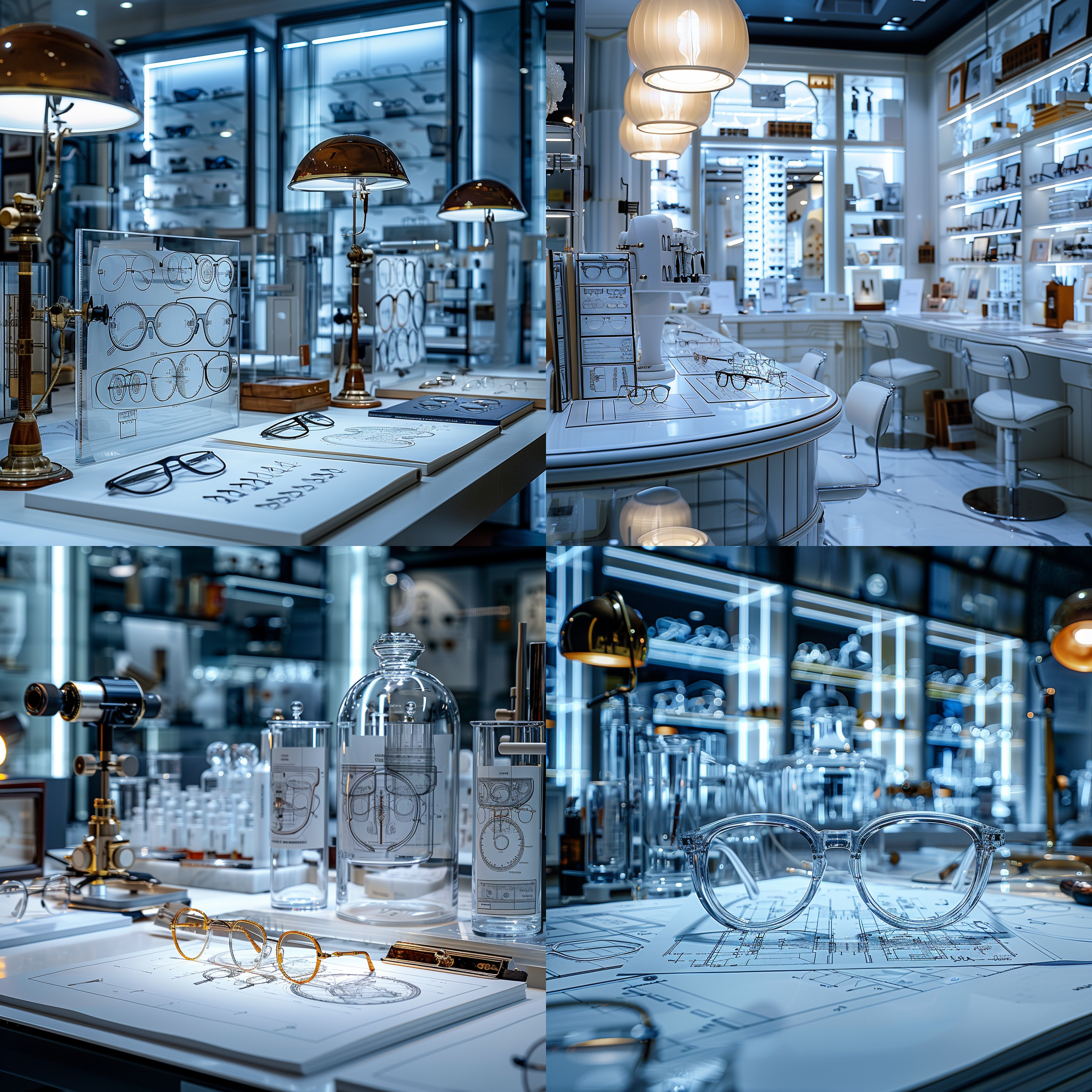 眼镜工匠的实验室, 高对比度, 长焦镜头, 干净, 精度, 高效, 细节丰富, 专业感, 白色调, 眼镜手稿, 银色金属支架, 光线明亮。