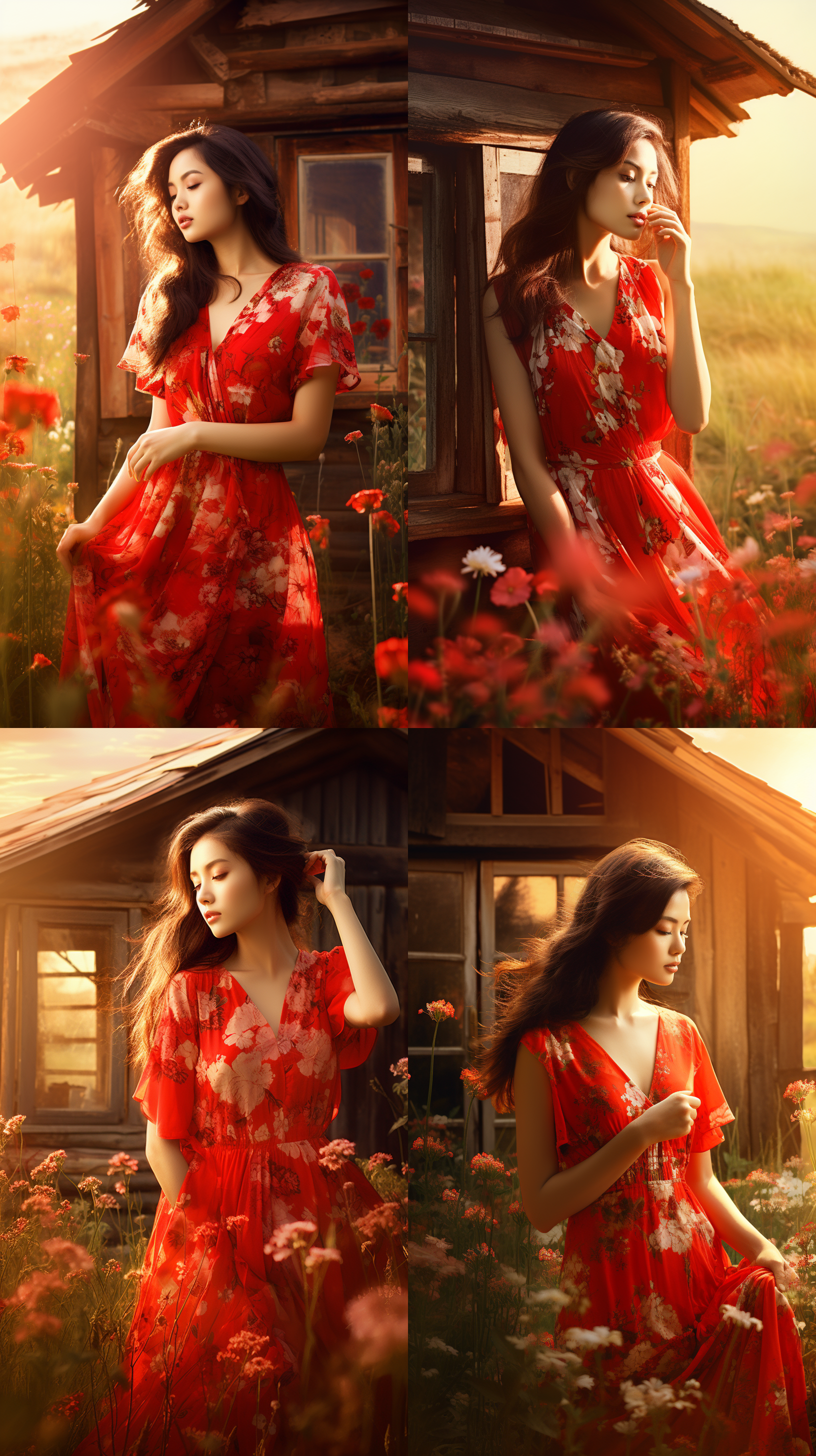 小木屋，遍地野花，中国少妇，远景拍摄，高清，碎花裙子，夕阳，红色滤镜，微笑，自然光，温暖色调，放松。