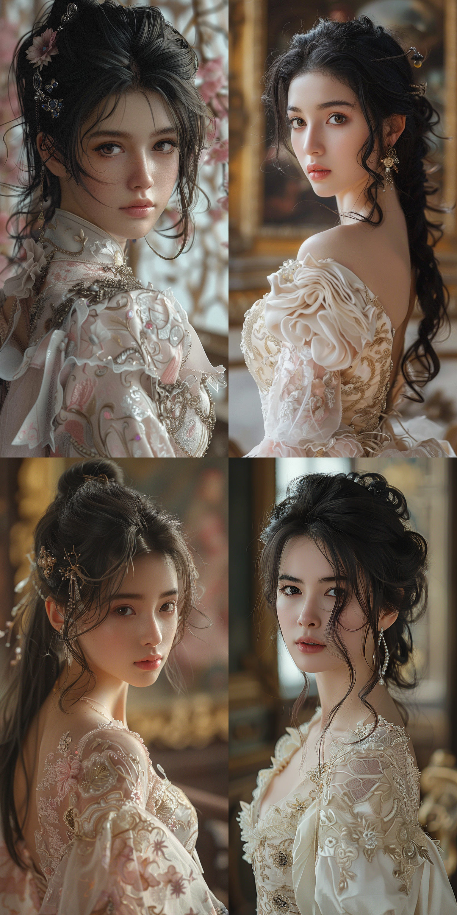 年轻漂亮的亚洲骑士新娘，黑发，洛可可风格的细节，在宫殿的后面，有远见的肖像，32k uhd，约翰·坦尼尔，浅白色和浅粉色，经典的好莱坞魅力，动画灵感，柔和的大气光，宽视野