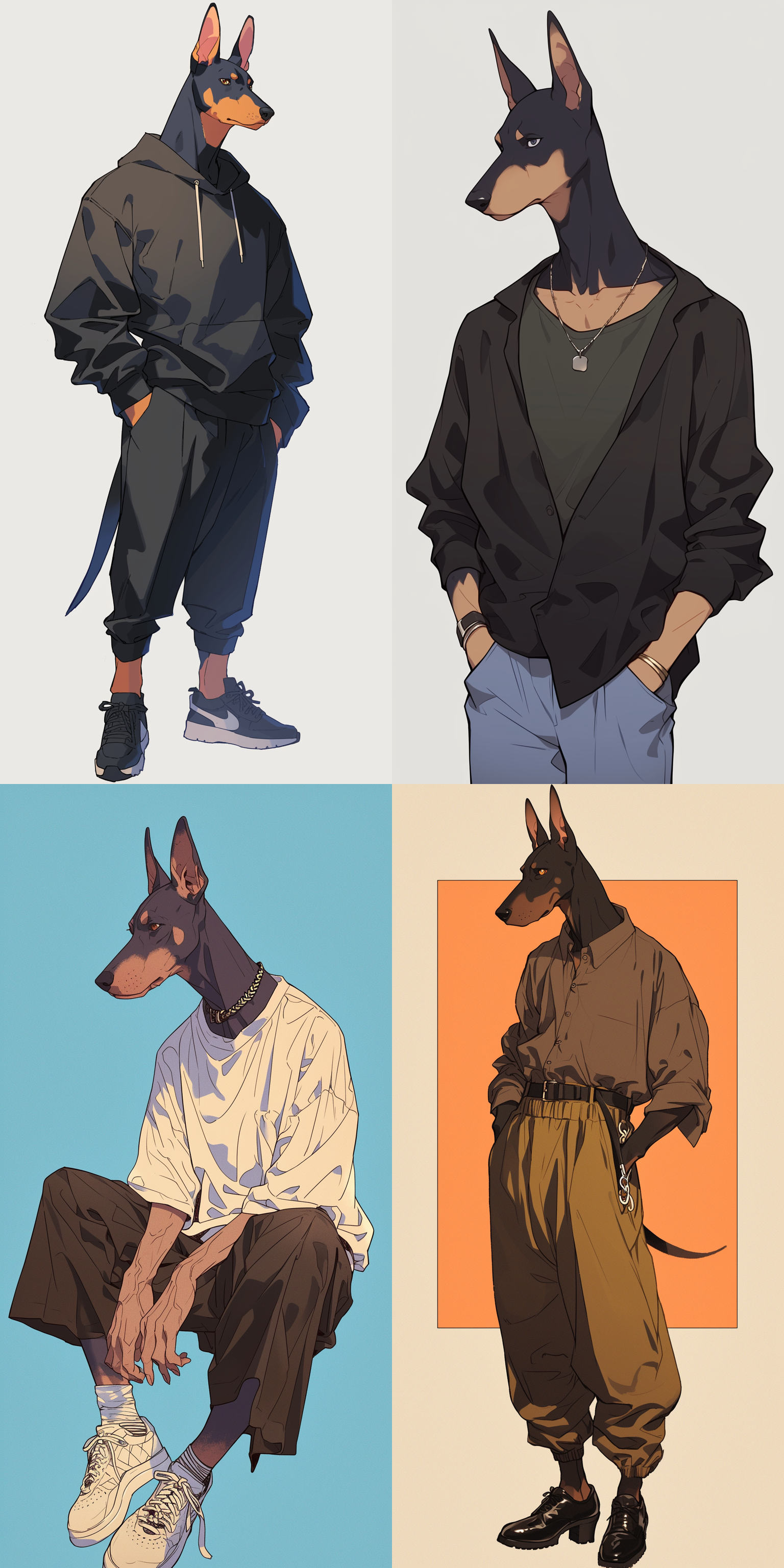 杜宾犬furry男孩，俊美，卡通线条简笔画，日式治愈系