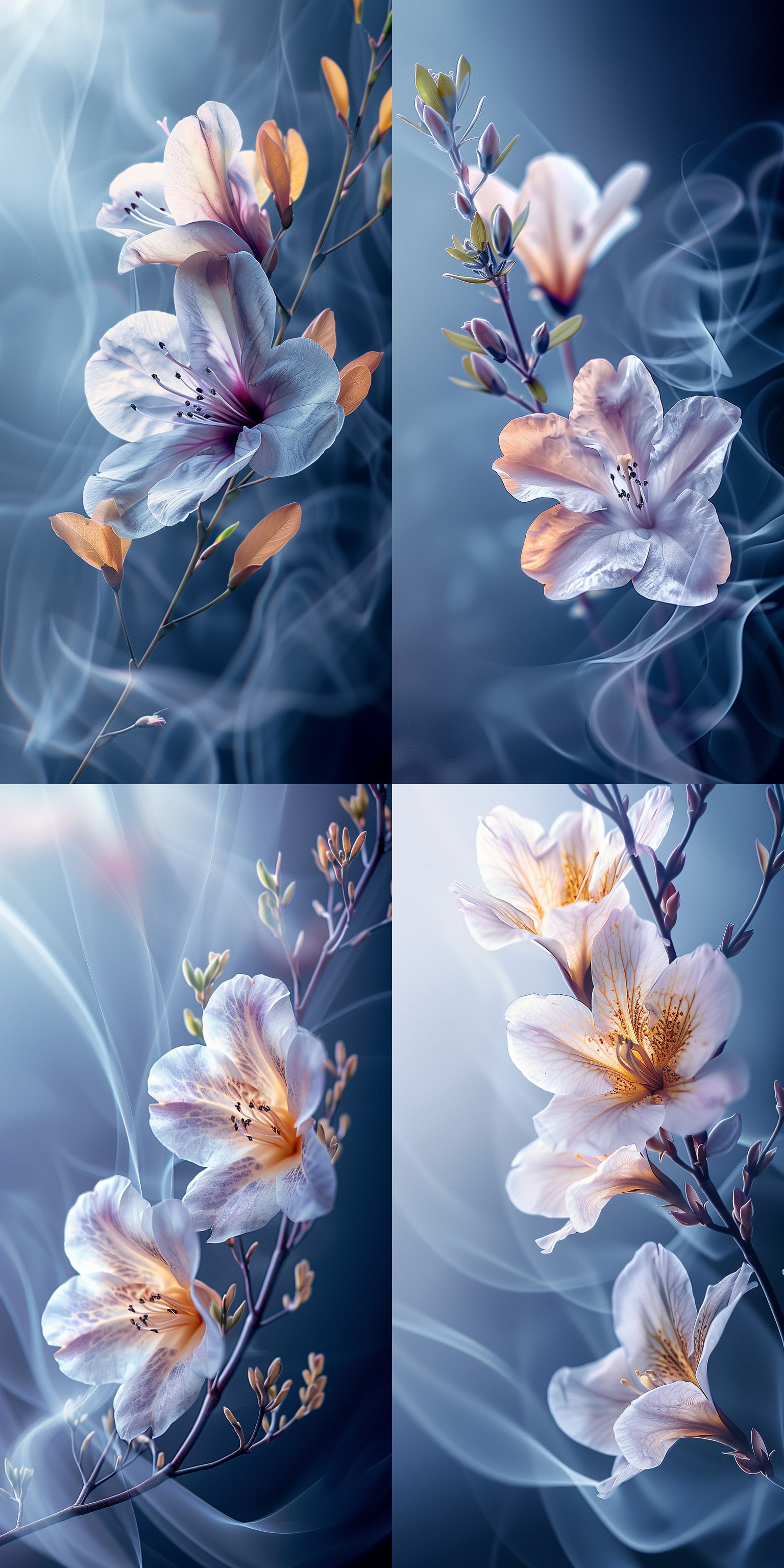 1朵含苞待放的杜鹃花，极简风格，白色，色彩柔和，蓝色梦幻背景，韵律，美好。右侧布局，花朵在右侧。