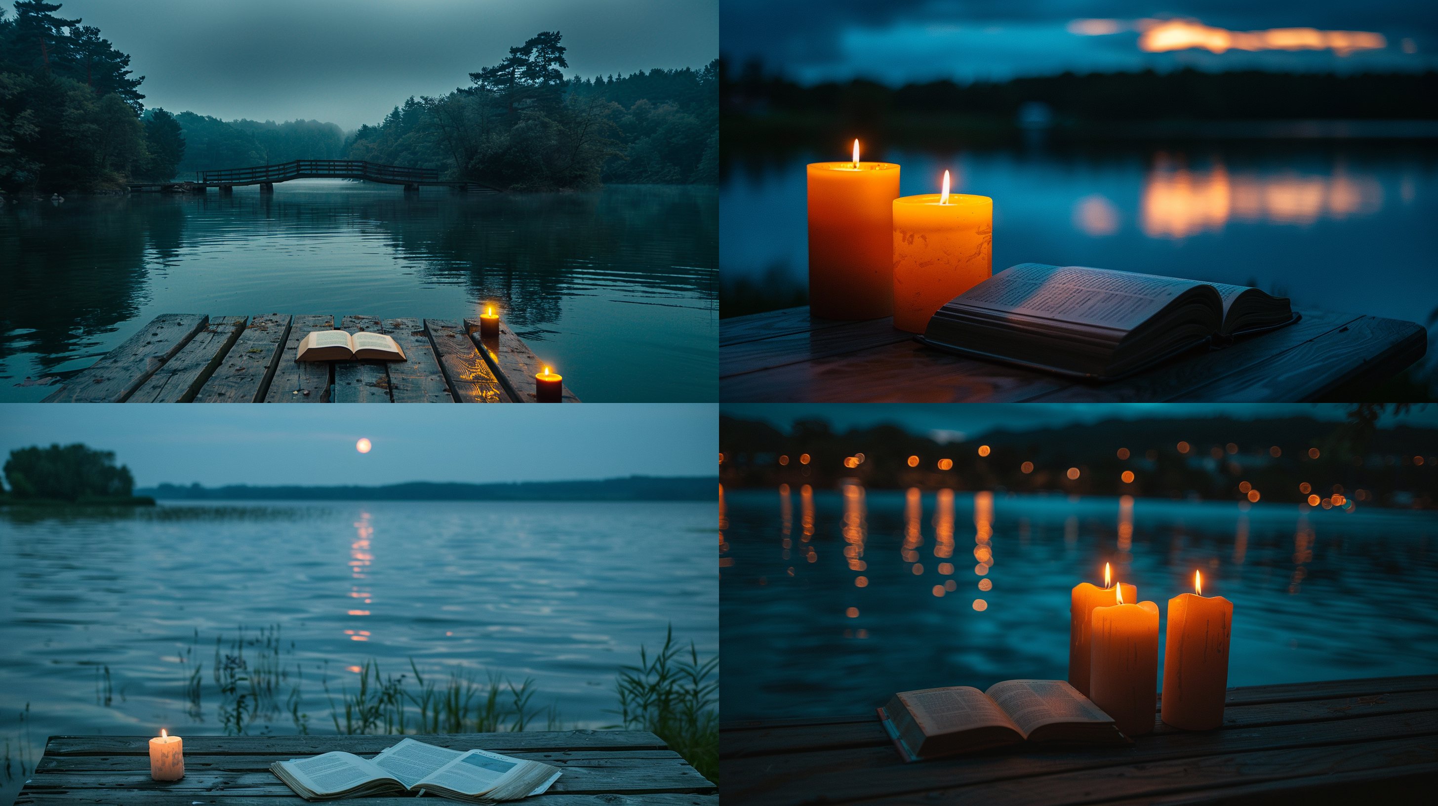 黑夜，室内有一张木桌，点着蜡烛，放着一本书，眼前是大片湖泊，湖面有月光反照，彩色，大景深，高清摄影 月光倾泻，蜡烛照亮书页，湖泊映出壮丽景色，神秘氛围，明暗对比，迷人色调，广角镜头，静态，沉思，浪漫。