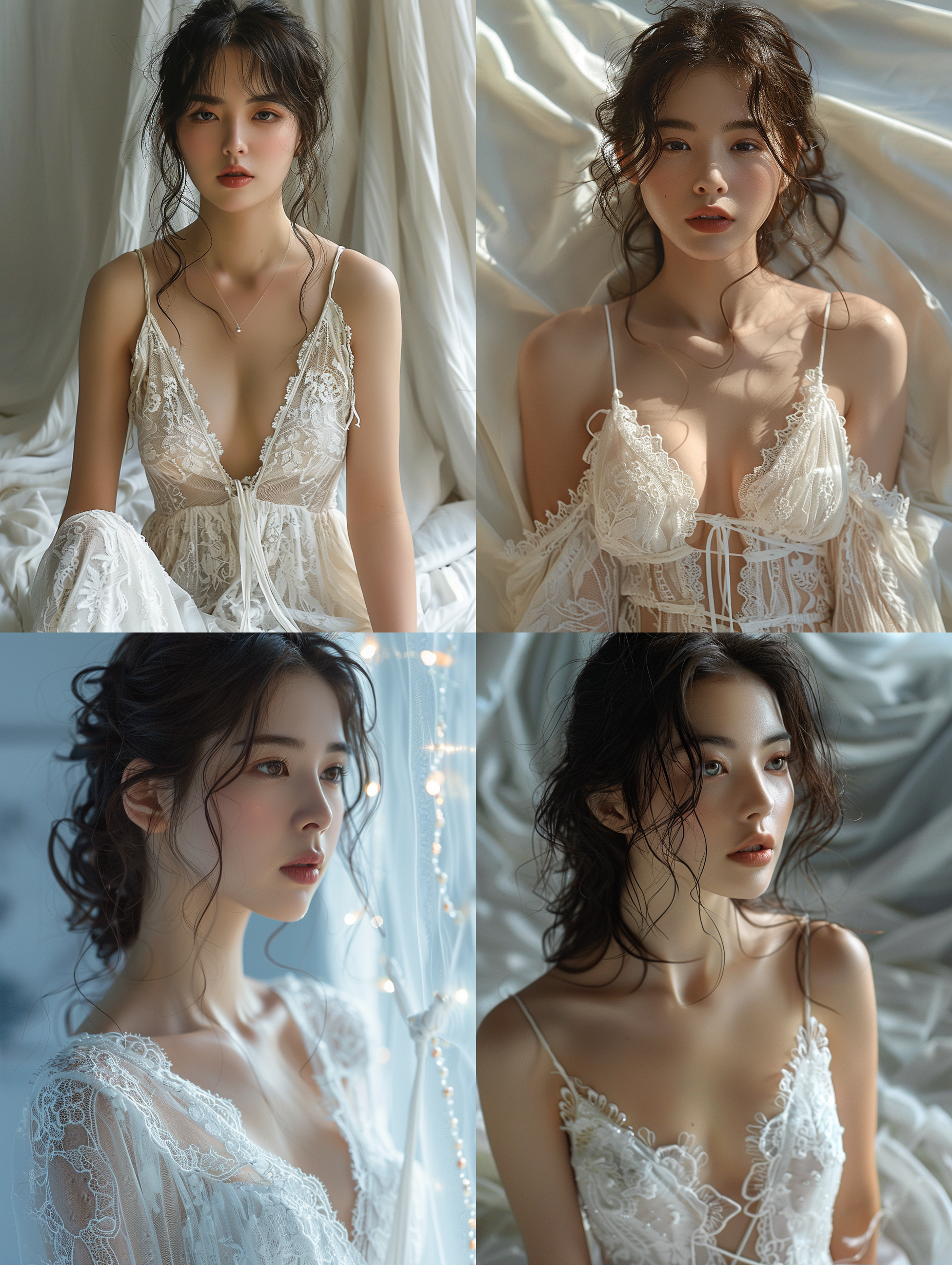 过膝拍摄，一位绝美的亚洲东方女子，穿着白色蕾丝薄纱连衣裙，傲人的身材，完美的身材，完美的五官，白皙的肌肤，令人惊艳的，摄影光，背景是白布，中远景，电影般的，16k 全身