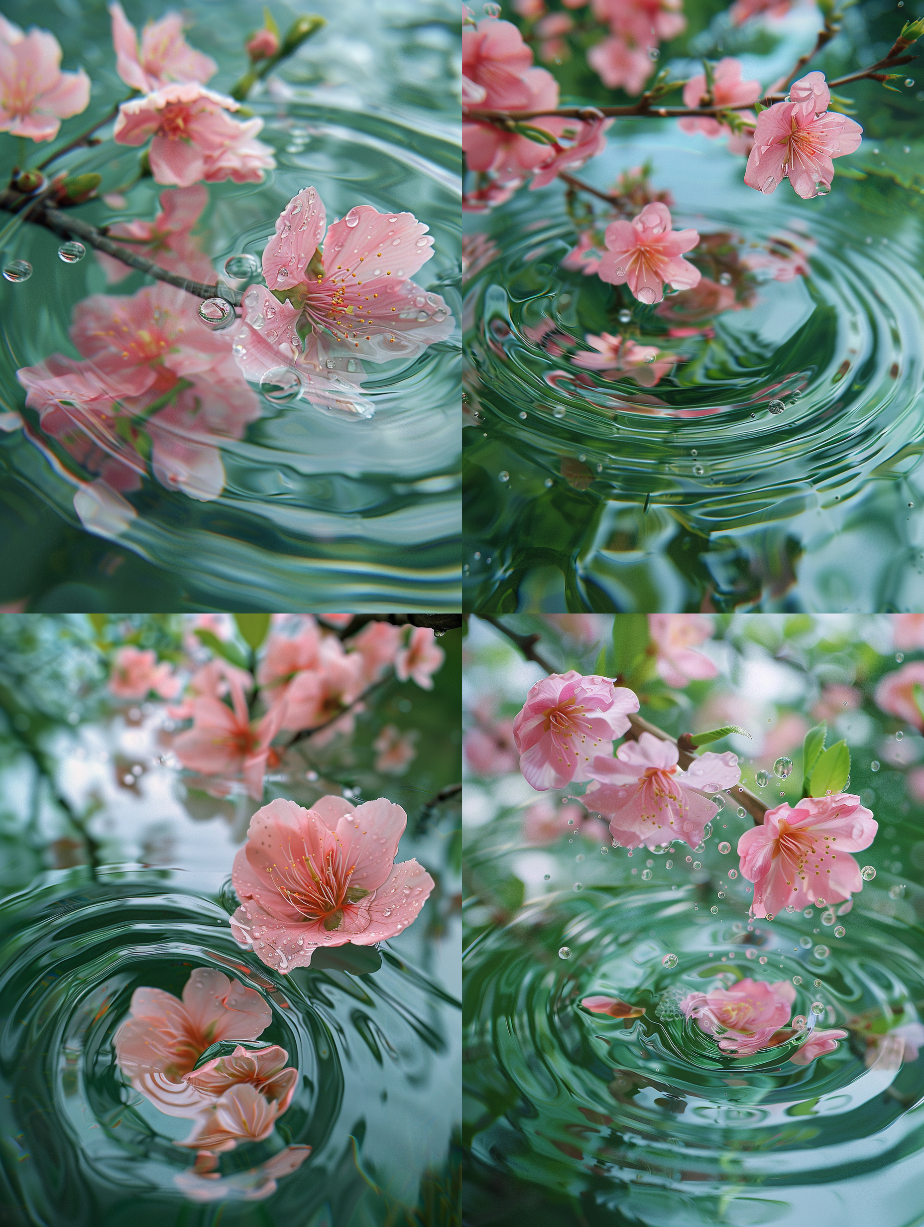 粉色桃花，水面，雨滴，涟漪，唯美主义，鱼眼镜头，一朵粉色桃花，飘落的花瓣，雨滴激起睡眠涟漪，浅绿色晶莹的水面，写实风格，高分辨率画面，精致的细节，8k。
