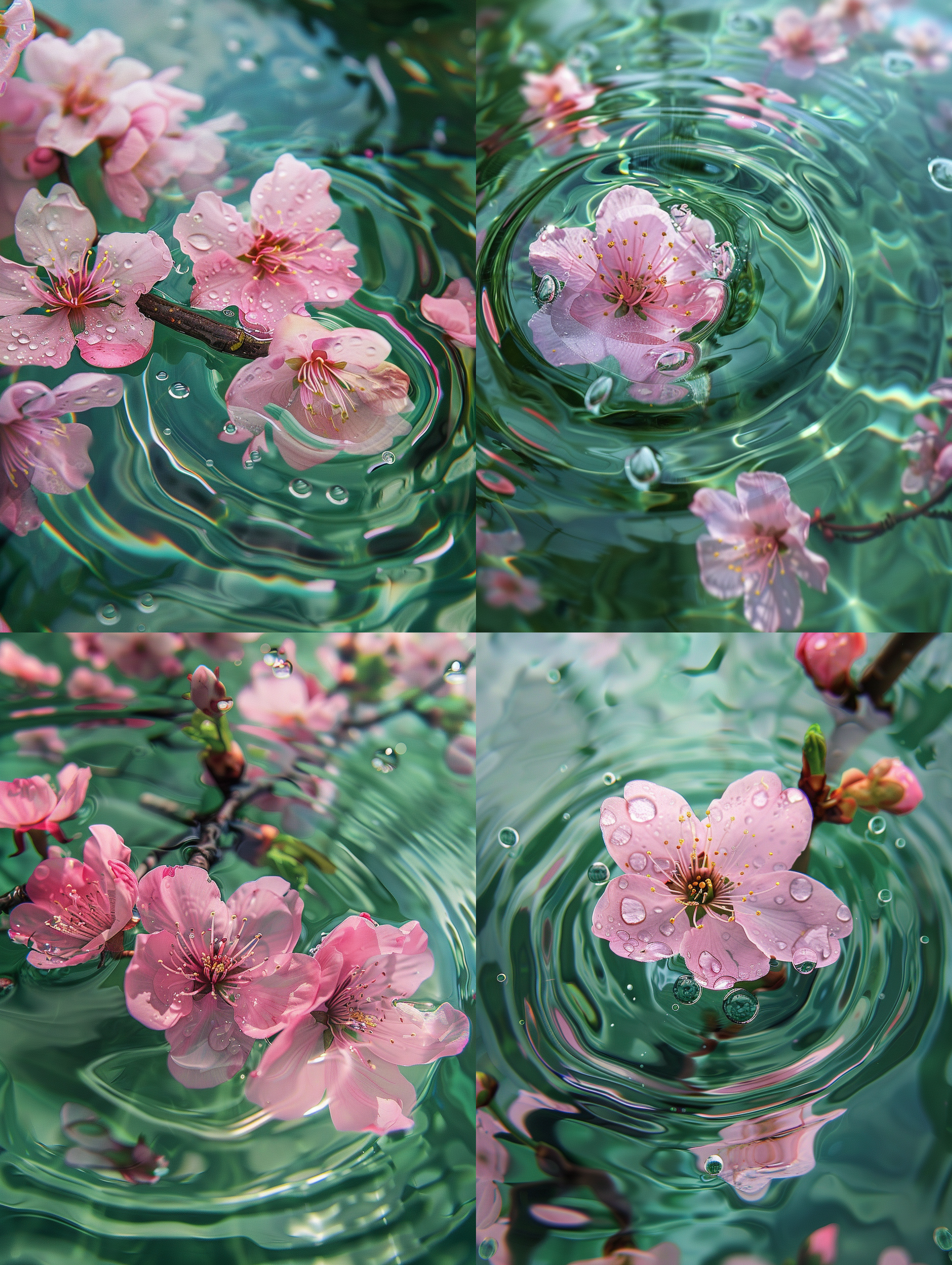 粉色桃花，水面，雨滴，涟漪，唯美主义，鱼眼镜头，一朵粉色桃花，飘落的花瓣，雨滴激起睡眠涟漪，浅绿色晶莹的水面，写实风格，高分辨率画面，精致的细节，8k。