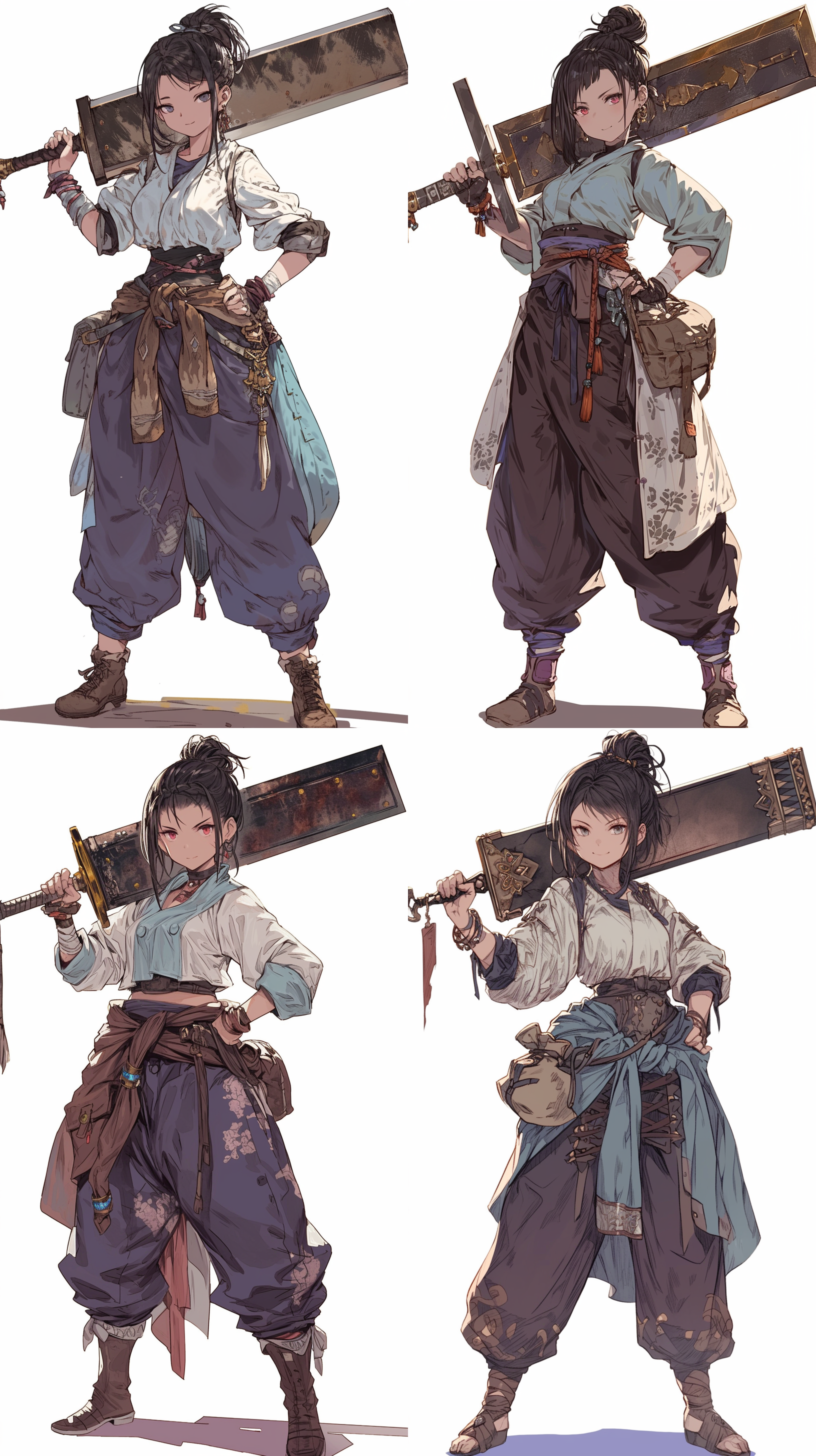 天才武术少女，黑发，可爱脸庞，不到十岁，战斗服上衣，宽松裤子，褐色短靴，背后扛着巨大重剑，腰间系包，狂妄笑容，强大自信，细节描绘，电影质感，逆光，动作决绝，高饱和度，紧张。