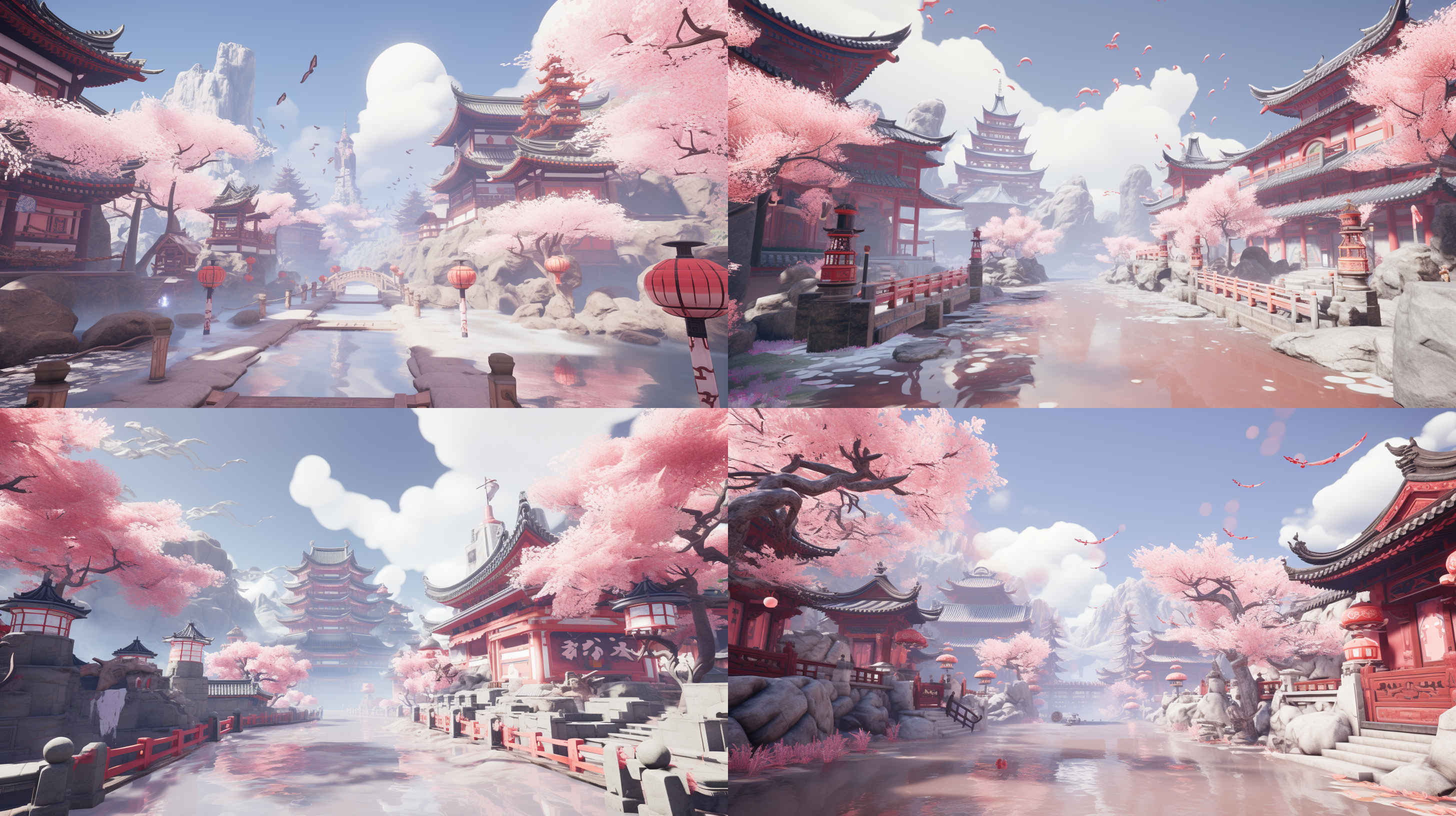 第三人称视角，神殿，银河星波未来主义月球风格，中国游戏原神风格，空灵超现实景深，神秘感，游戏界面，温馨，梦幻，藏宝阁，白天，中国风，梦幻，白天的场景，浅色的色系