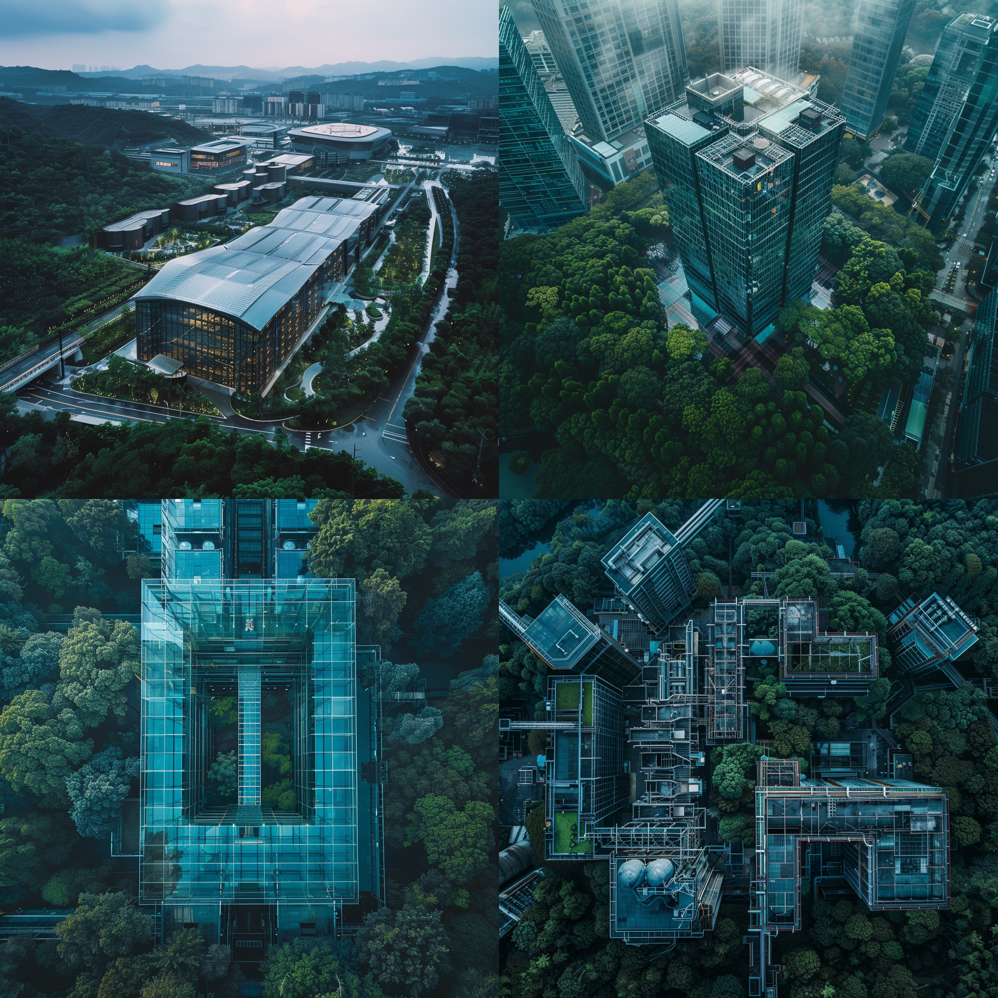 鸟瞰图，高清晰度，杰作，最佳品质，惊人细节，厂区鸟瞰，广角，8k，超现代玻璃体风格厂房，被森林环绕，，下雨，，梦幻建筑，城市，商业，塔楼，玻璃幕墙，现代建筑。 未来都市 工业城市 新未来主义 明亮的 水晶蓝 消失点构图 全景