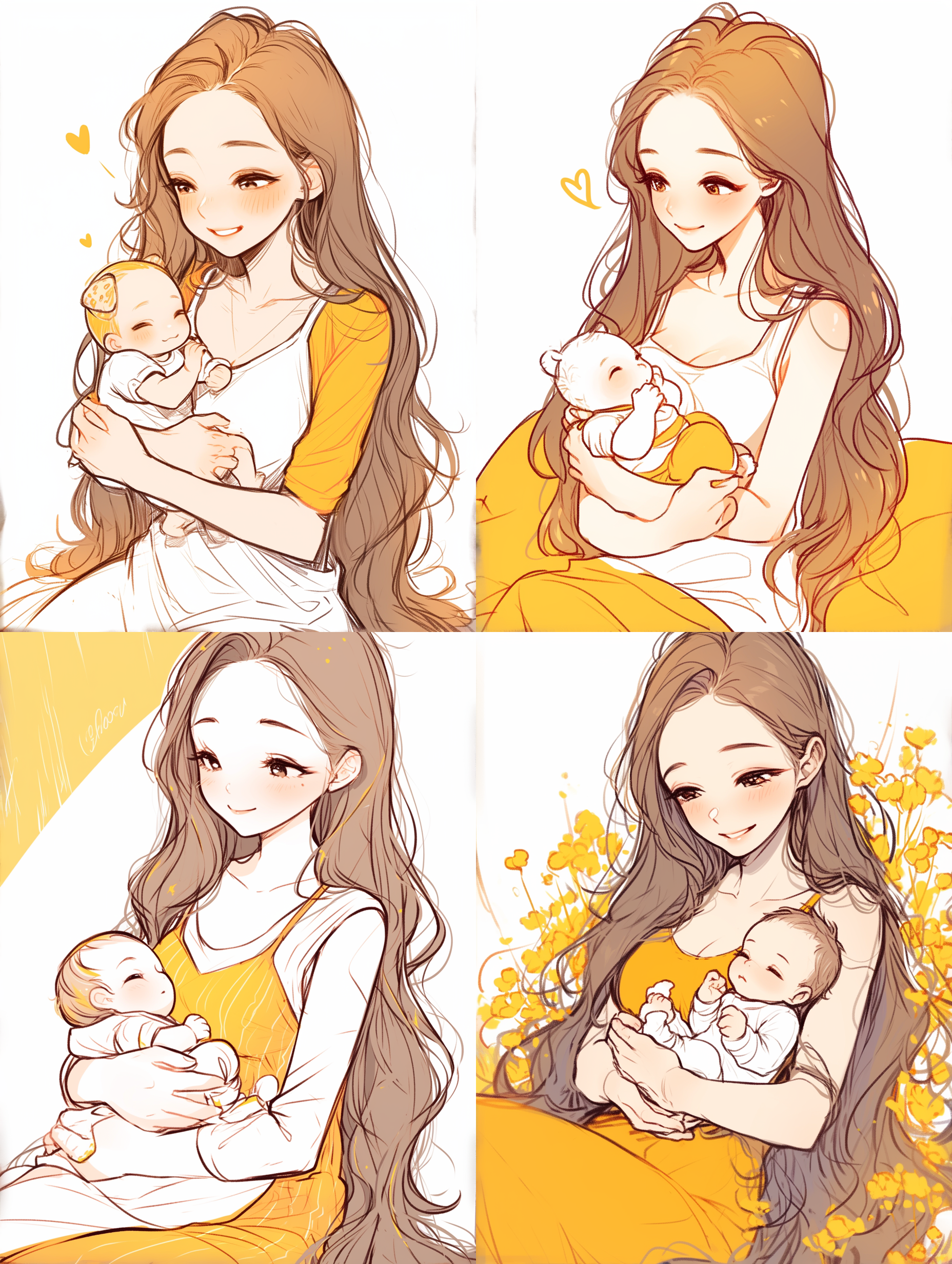 妈妈横抱着1个月的宝宝坐着，黄衣波浪长发飘逸。妈妈和初生宝宝眼神互动，画面生动温馨。二次元，极简线条，漫画风，背景简洁纯白色