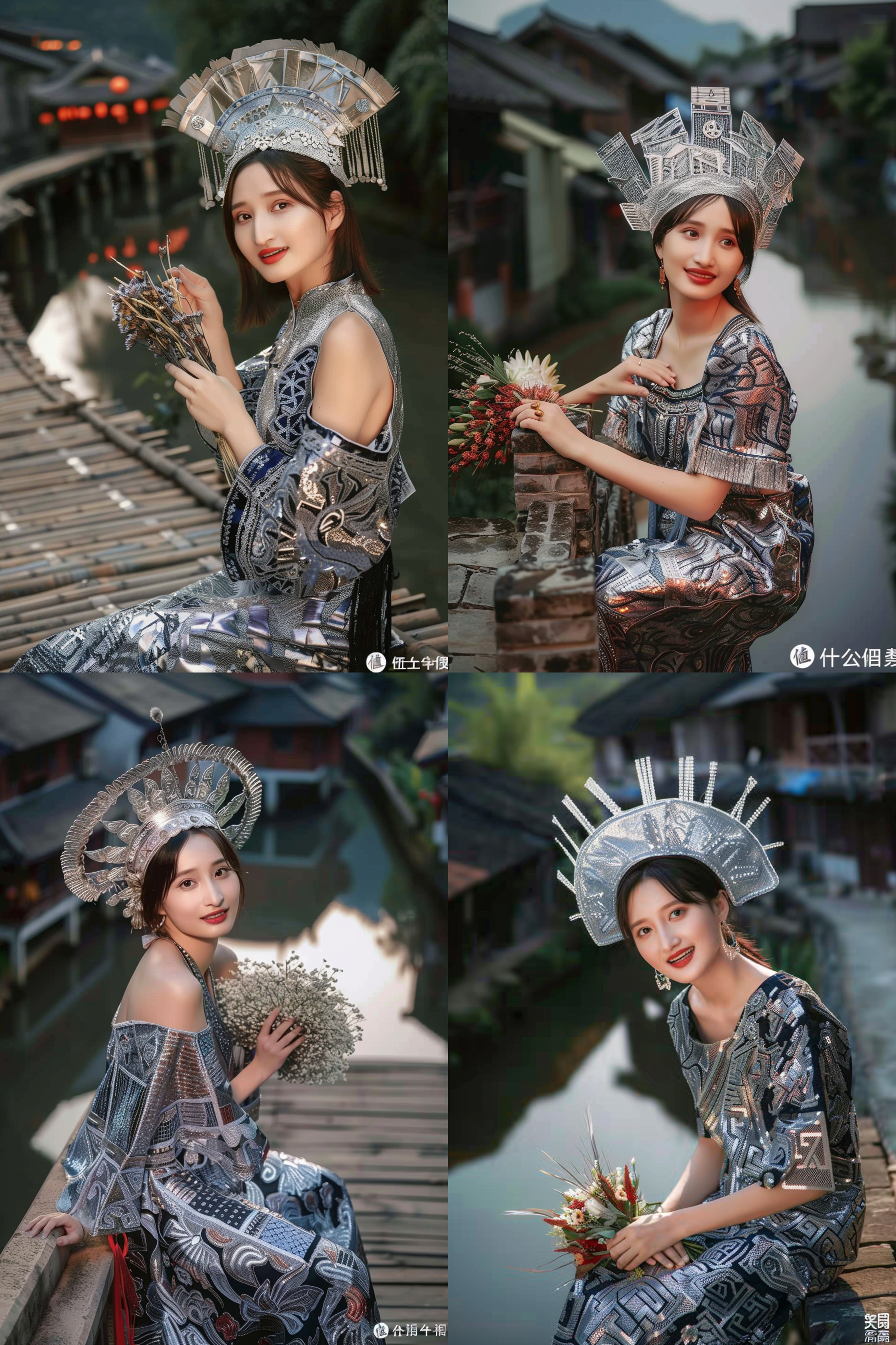 的民居建筑，她站在一个古老的石桥上，桥下是一条清澈的溪流。她微笑着，目光坚定，手中握着一束鲜花。整个画面给人一种宁静而神秘的感觉，突显了女子的自信和力量。苗族服饰，湘西盅虫风格，对角线构图，广角镜头，柔和的侧光，温暖的色调，自然环境，自然动作，鲜花，神秘。