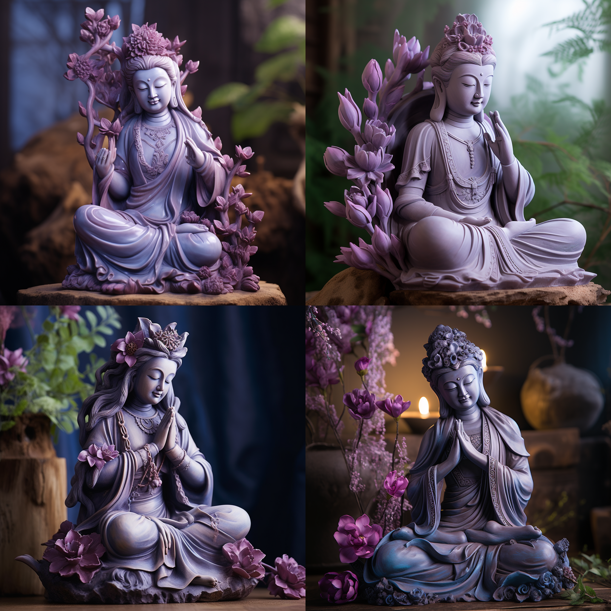 紫竹观音石刻，细致雕刻，青石底座，古朴风格，神态庄严，手持花环，闭目冥想，细腻纹理，灰色调，侧光打造，仰拍角度，宁静祥和。