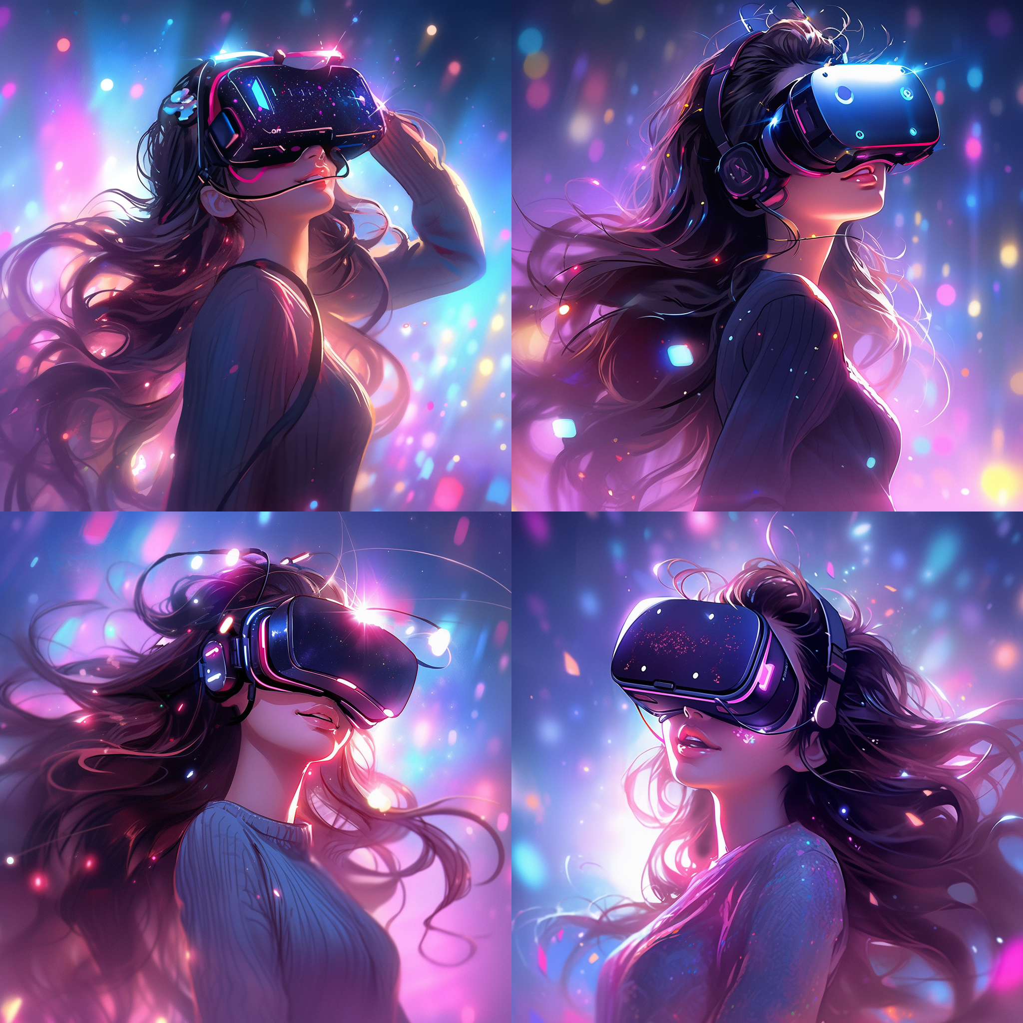 美少女戴vr眼镜直播，科技感插画风，高分辨率，米山舞风格，精致面部，现实与虚拟融合，高画质，暖色调，光影交错，沉浸式体验，虚拟现实，高清晰度，细节丰富，动态角度，生动表情，色彩丰富，梦幻光影，视觉冲击。
