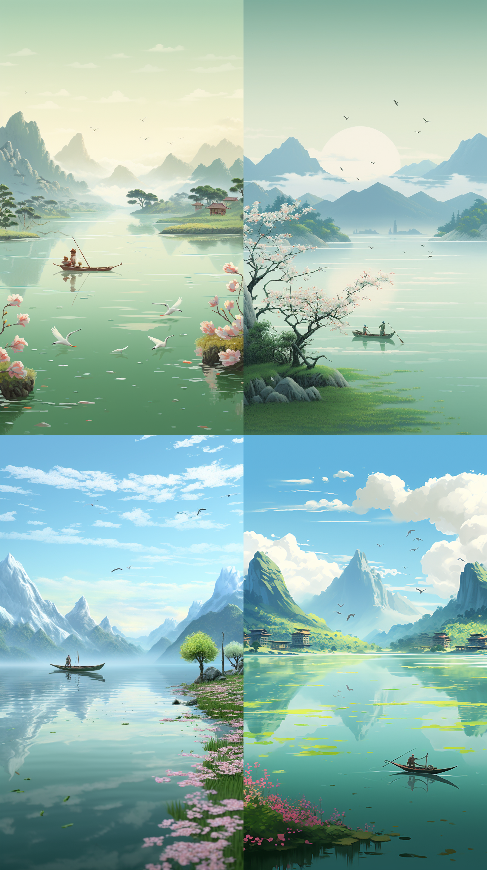 清明节，远山，层峦叠嶂，花，燕子，小溪，微风细雨，一艘小船，春天，早晨，3d立体风格，绿色，杰作，舒适的配色，柔和的光线，广角镜头，颜色柔和点