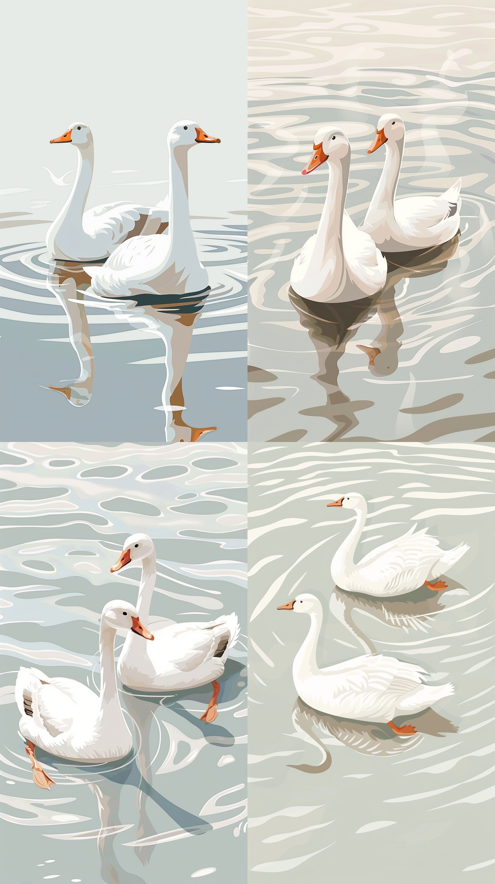 双胞胎鹅在水中优雅游动，纯白色，水面清澈见底，干净透明，荡起涟漪，清新明亮的色彩，扁平风格，平面插图，矢量插图，流畅的线条，干净的背景，3d风格