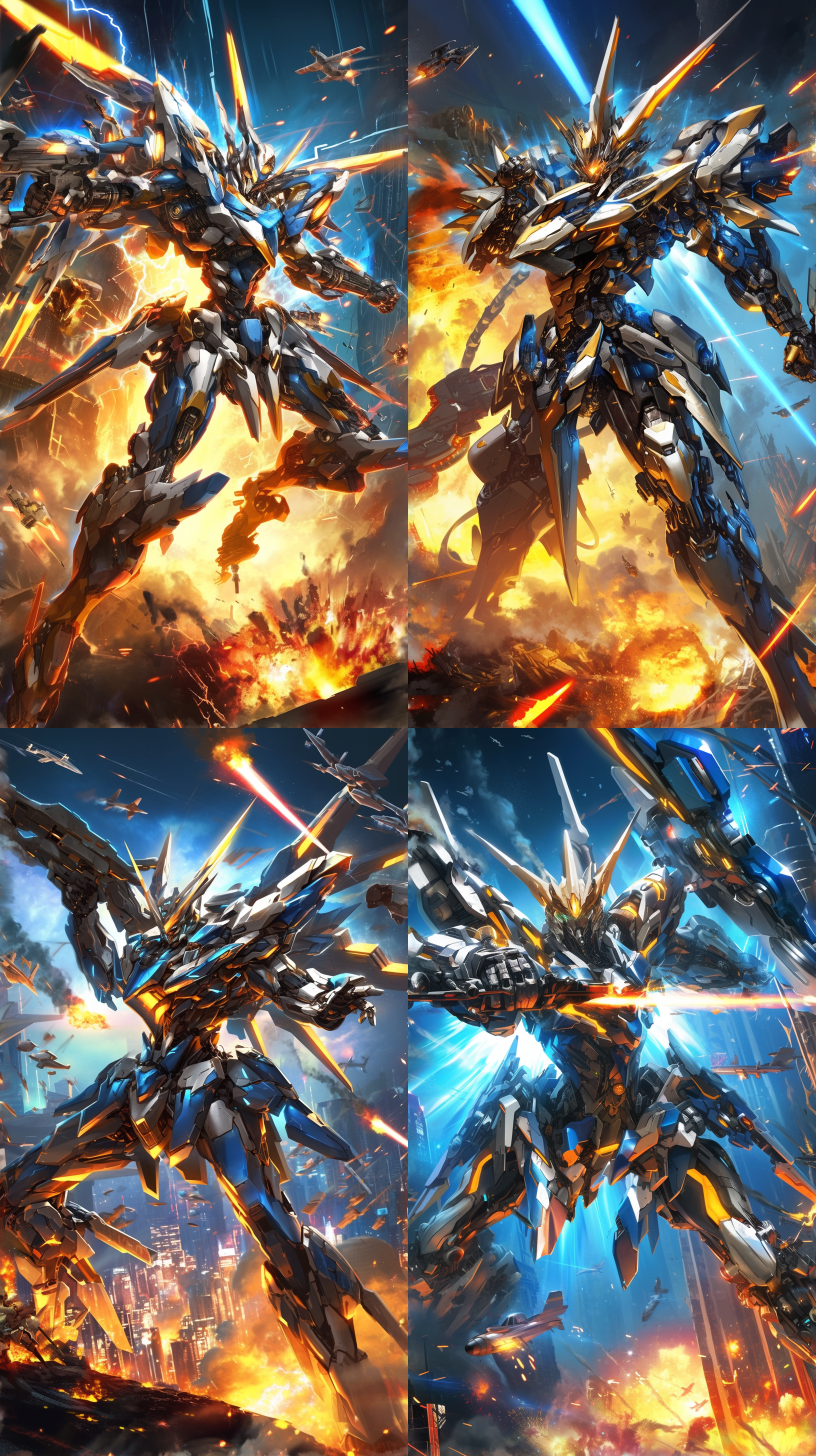 现代机甲动漫风格，黄光键风格，android jones 风格，明亮背景，战斗场景，巨型机器人，爆炸，碎片，金属装甲，发光眼睛，未来城市景观，摩天大楼，飞行器，鲜艳色彩，霓虹灯，火爆爆炸，写实感，数字艺术，动作，紧张。