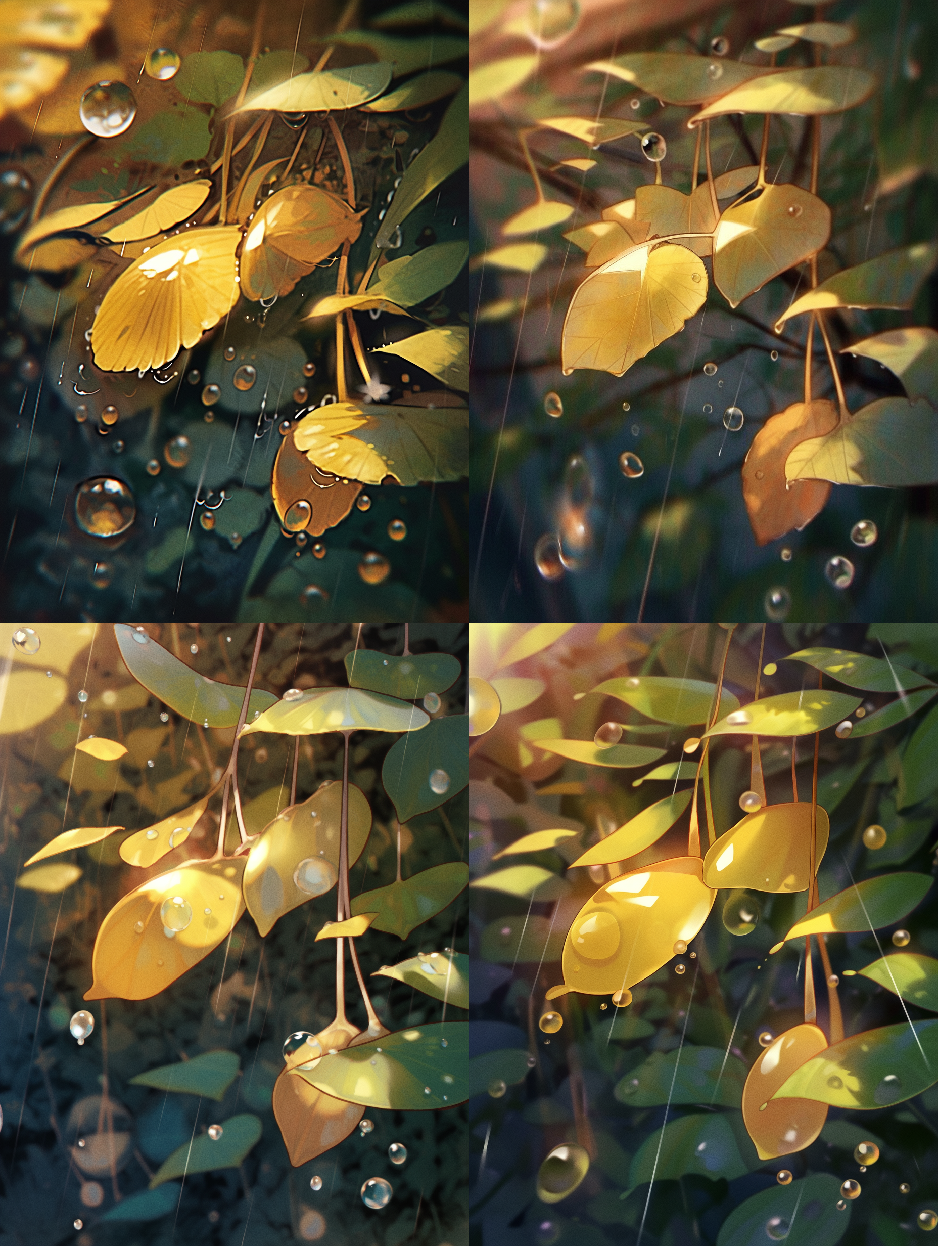 鱼眼镜头下的银杏雨滴，林间景色，写实风格，高分辨率画面，唯美主义，黄绿色调，细致细节，8k，树叶纷落，雨水串串。