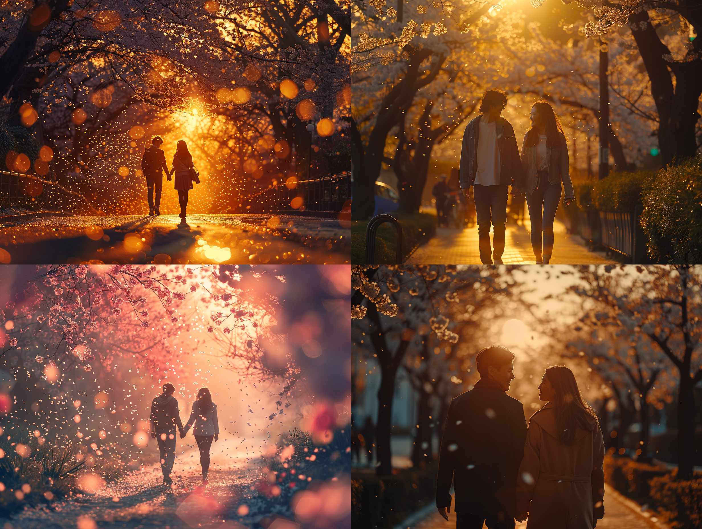 年轻情侣手挽手走在樱花林间小道上，微风拂面，落英缤纷。夕阳逆光照亮他们，形成轮廓光，女士的发丝被金黄色光影笼罩。暖色调，中焦镜头，自然清新风格，8k高清，浪漫，温馨，青春。