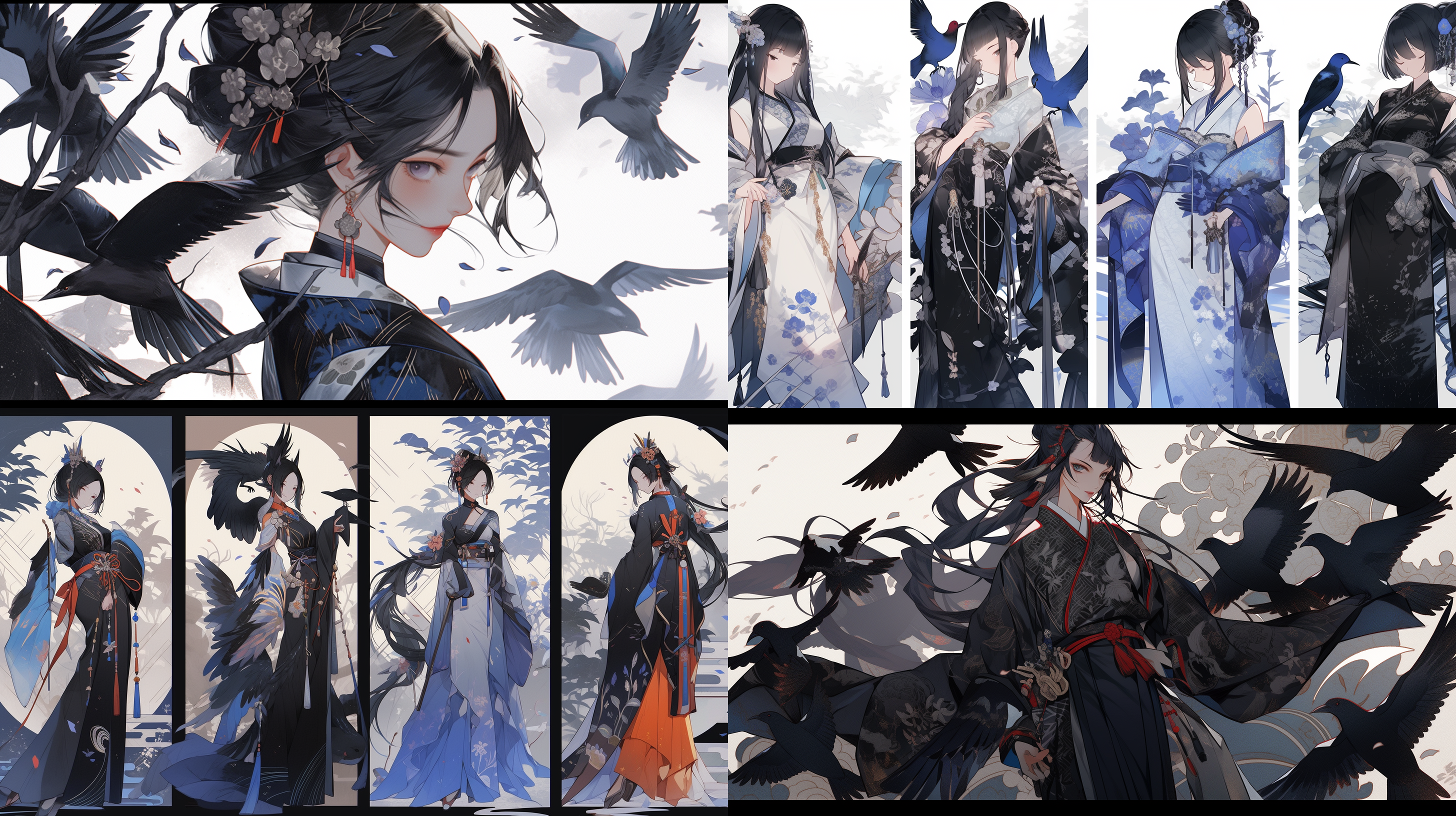 卡牌，中国传统服饰，传统元素，插画，质感，女官半身像，玄鸟，靛青配色