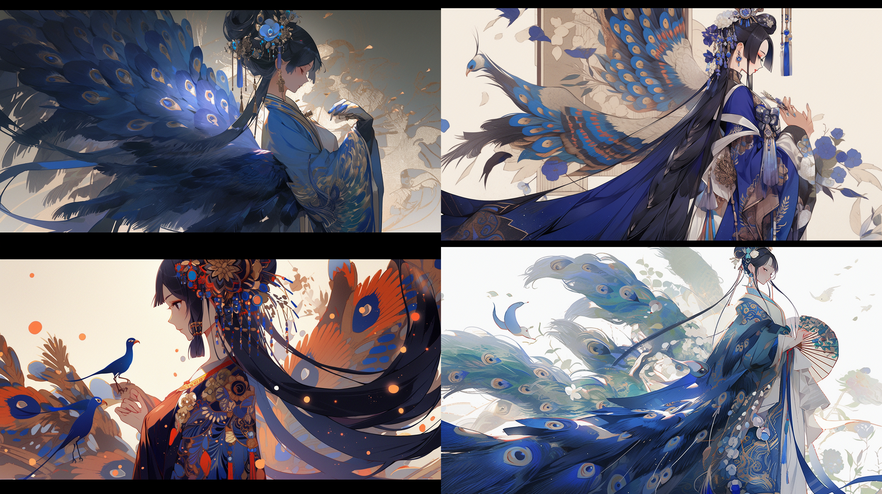 卡牌，中国传统服饰，传统元素，插画，质感，女文官半身像，孔雀，靛青配色