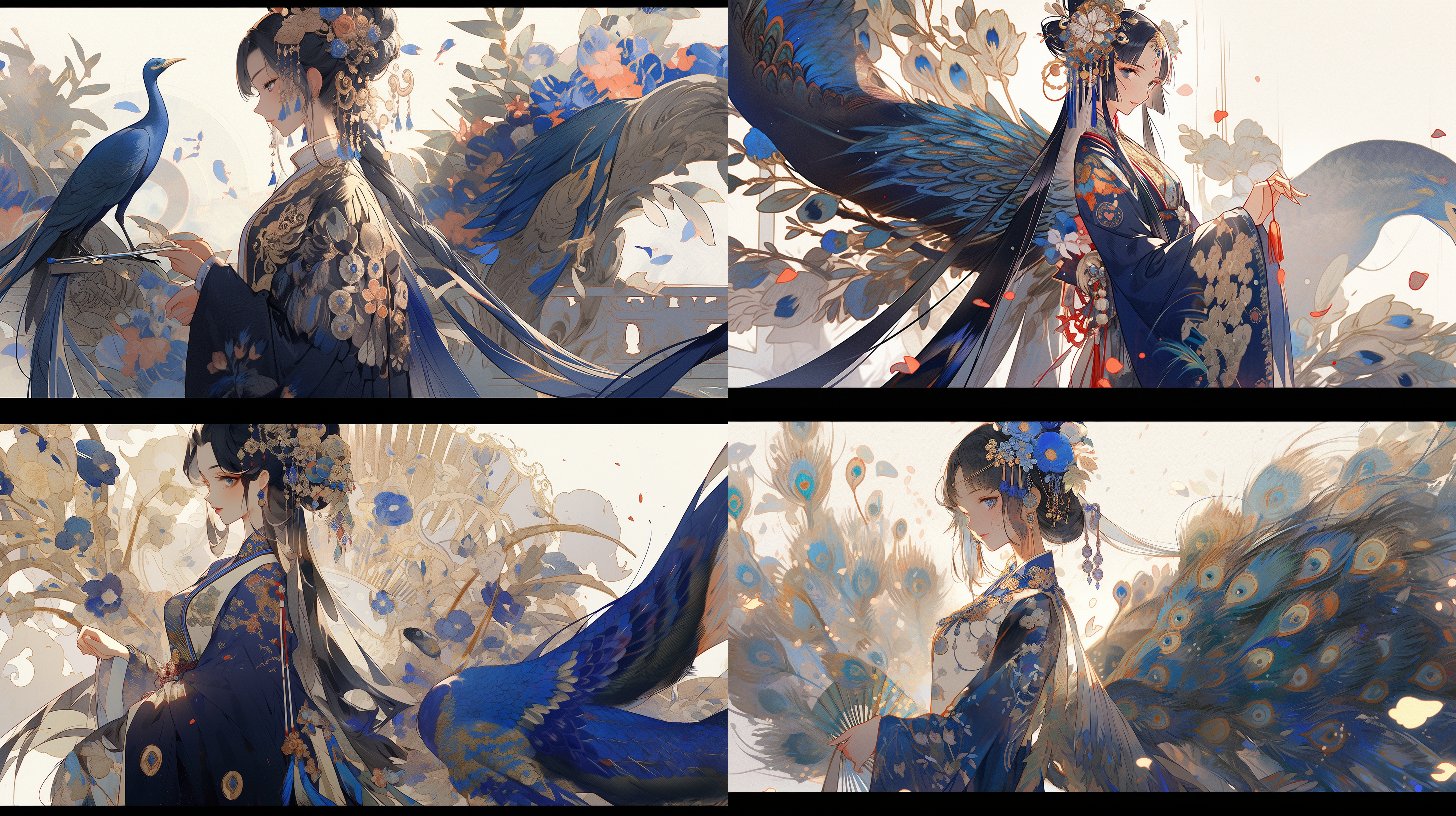 卡牌，中国传统服饰，传统元素，插画，质感，女文官半身像，孔雀，靛青配色