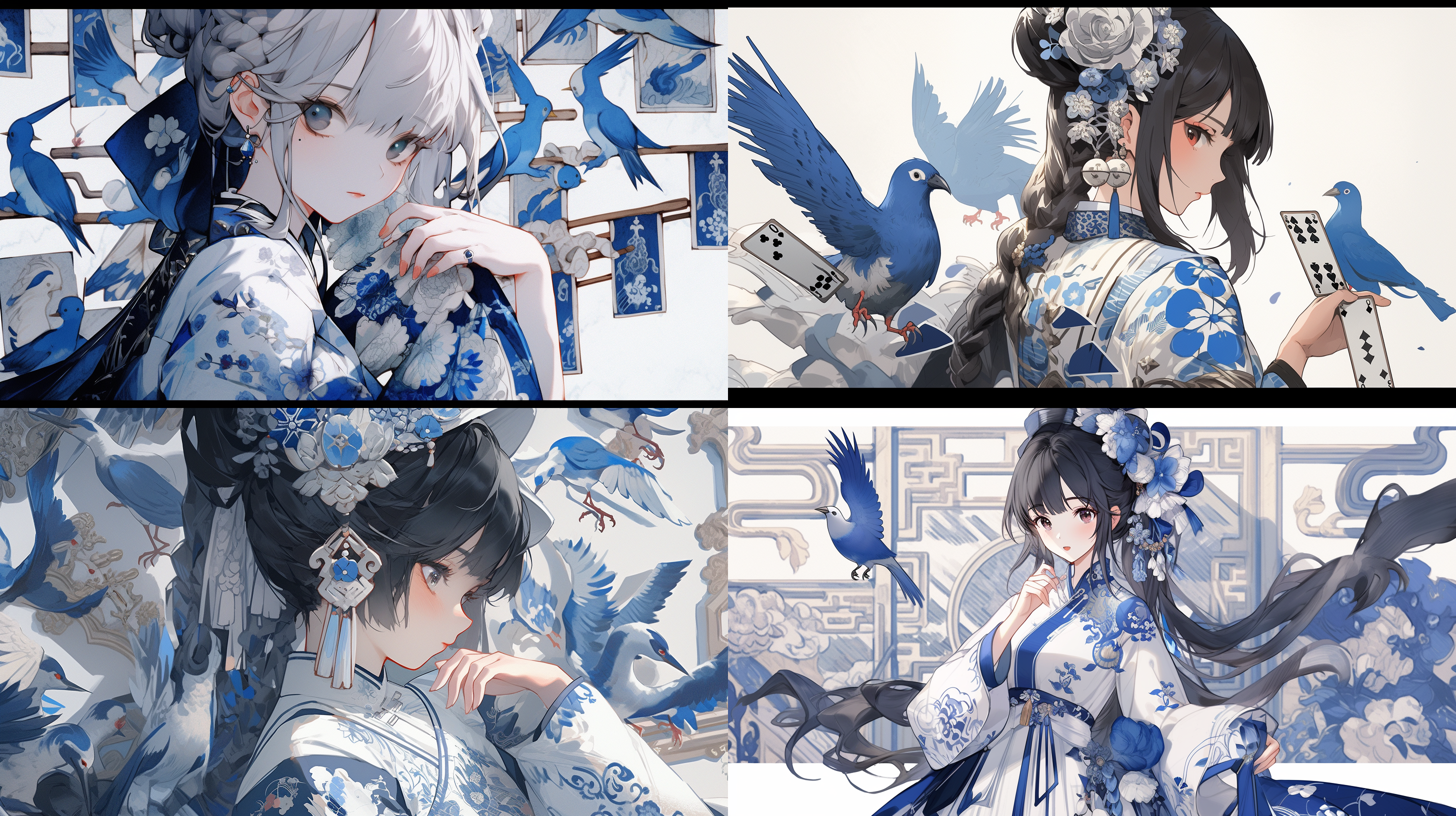 卡牌，中国传统服饰，传统元素，插画，质感，女官半身像，青鸟，青花瓷配色