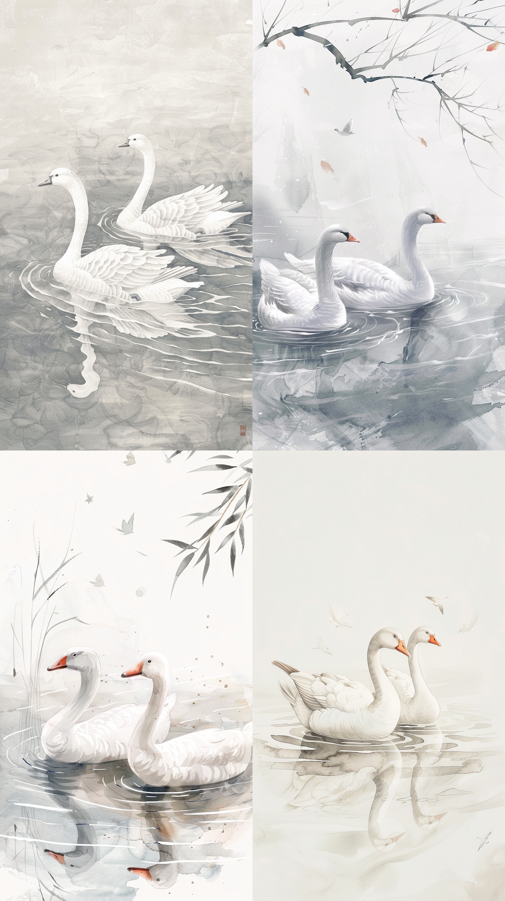 中国水彩画，双胞胎鹅在水中优雅游动，纯白色，水面清澈见底，干净透明，荡起涟漪，流畅的线条，干净的背景，简单的细节，极简主义