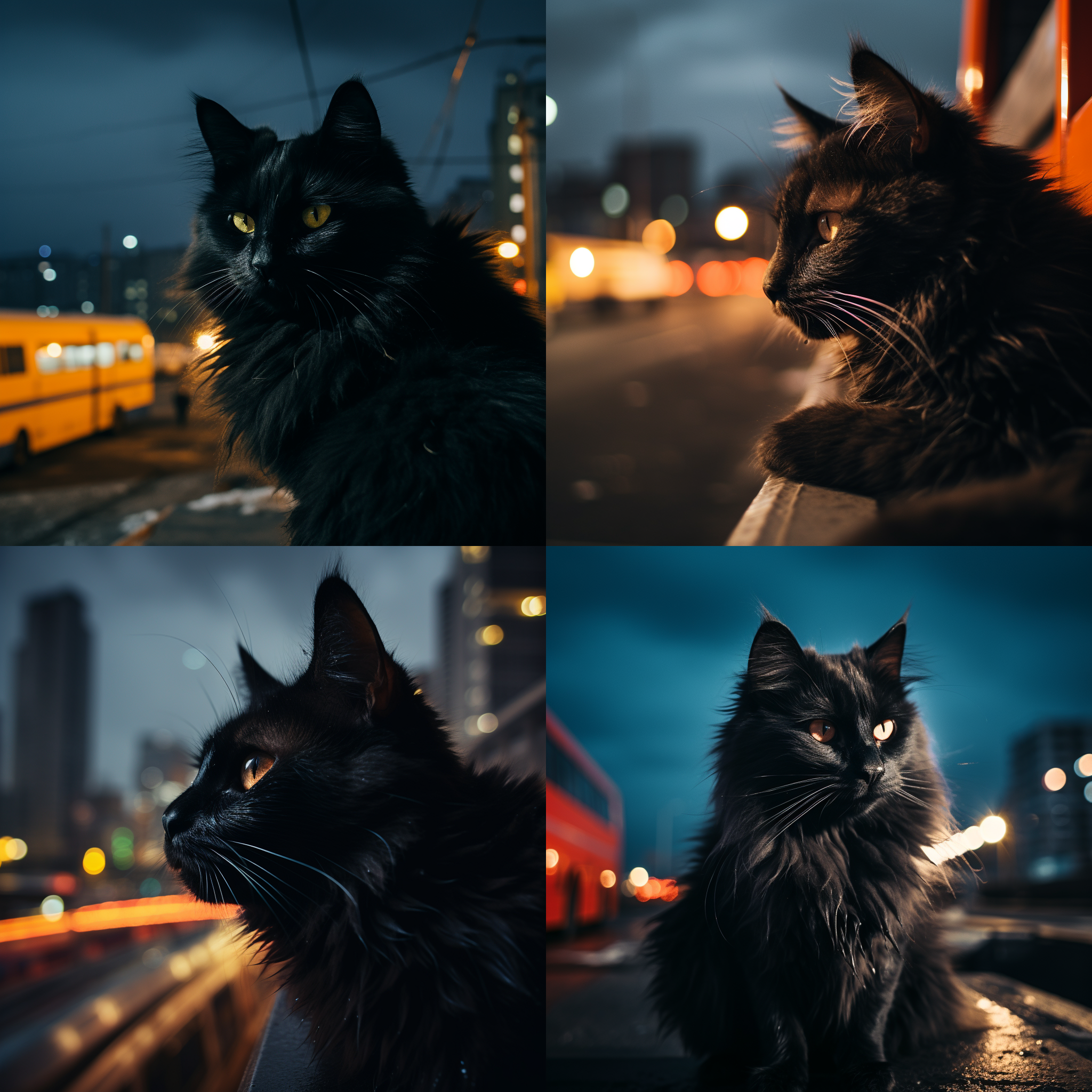 一只黑色猫坐在巴士车顶上，背景是都市夜晚的灯光。猫的毛色闪耀着微光，眼神专注。透视构图，明暗对比强烈，都市夜景，长焦镜头，静态，孤独，神秘。