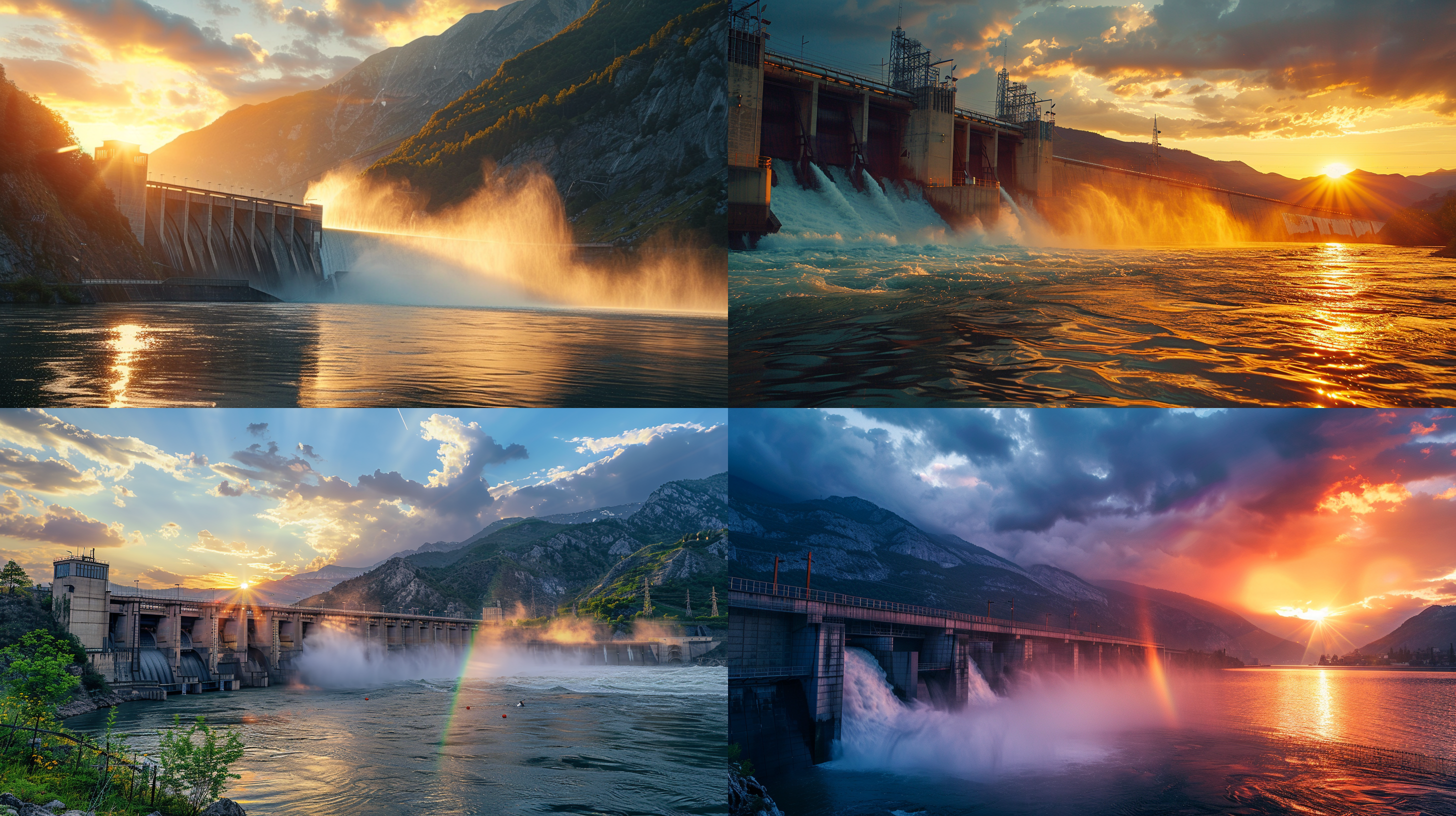 水电站，群山，落日余晖，水面，静谧，下游喷水，彩虹，环境风景，动态光影，自然元素，温暖色调，宁静情感。