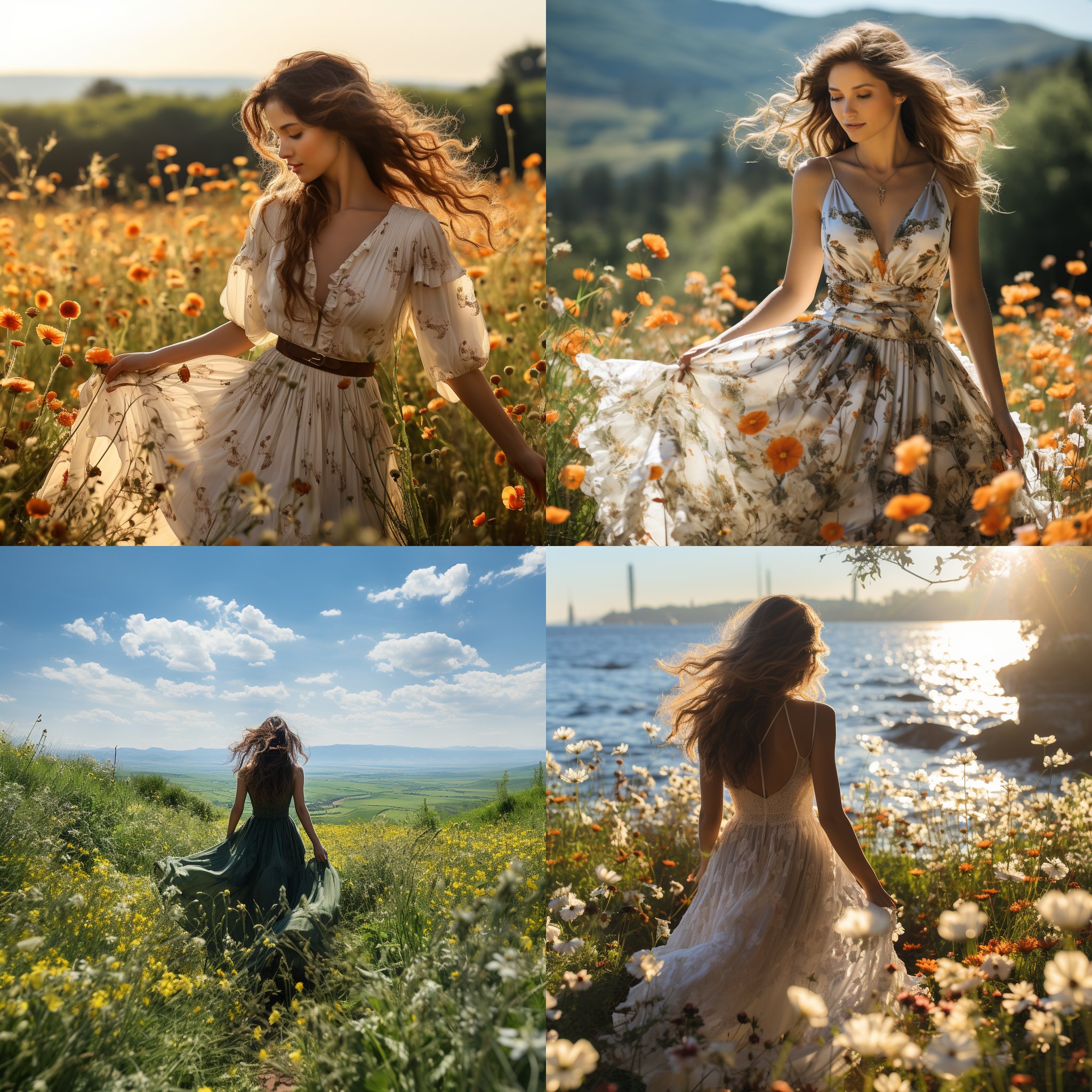 鲜花盛开在宽广的绿草地上，阳光透过树叶洒落下来，照亮了整个景观。一朵朵绚烂多彩的花朵在微风中摇曳，散发出迷人的香气。一位身着优雅长裙的女子站在花海之中，微笑着欣赏这美丽的自然景色。优质，清新，色彩斑斓，自然光线，自然动作，优雅，愉悦，和谐。