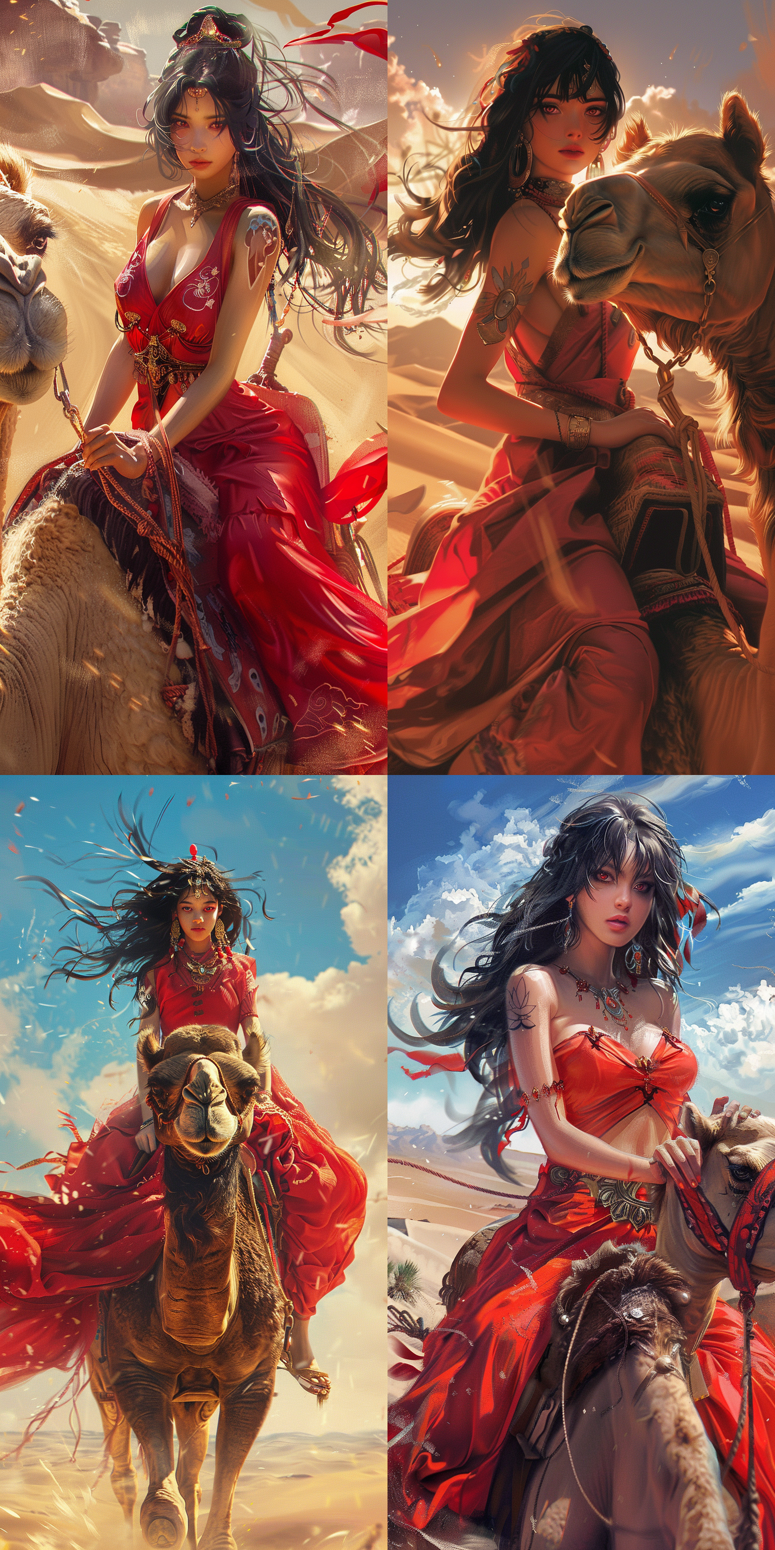 在沙漠中，一个女孩，骑着骆驼，红衣飘飘，黑发，红眼，肤色白皙，阳光炙热，汗水滴落，左侧眼角纹着一朵曼陀罗纹身