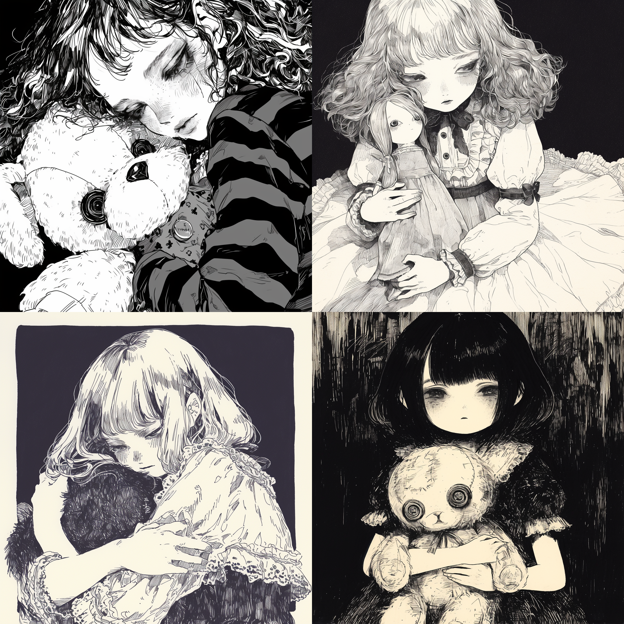 一个神秘的黑白钢笔插图，描绘着一个悲伤的女孩抱着她的大玩偶，细节丰富，情感凝重，复古风格，侧光打在脸上，细致线条，哑光效果，传达孤独和忧伤情绪。