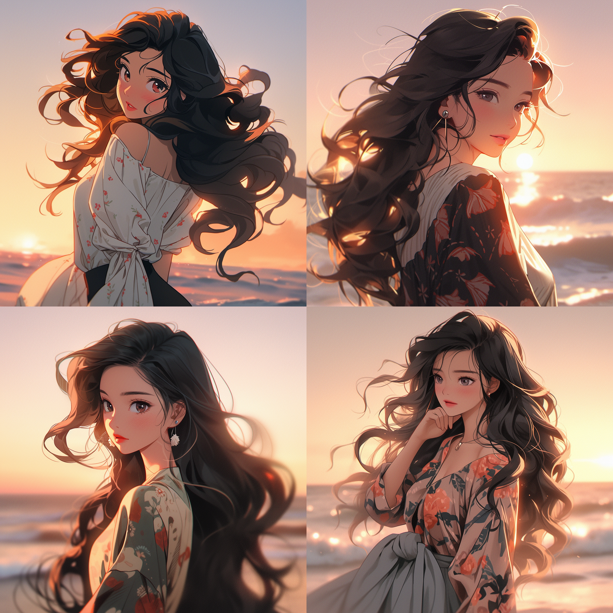 cartoon cute chinese girl with long black hair, curly hair, round face, back, seaside, sunset, wind, elegance, full and tall figure, facial details, photography, ultra clear rendering